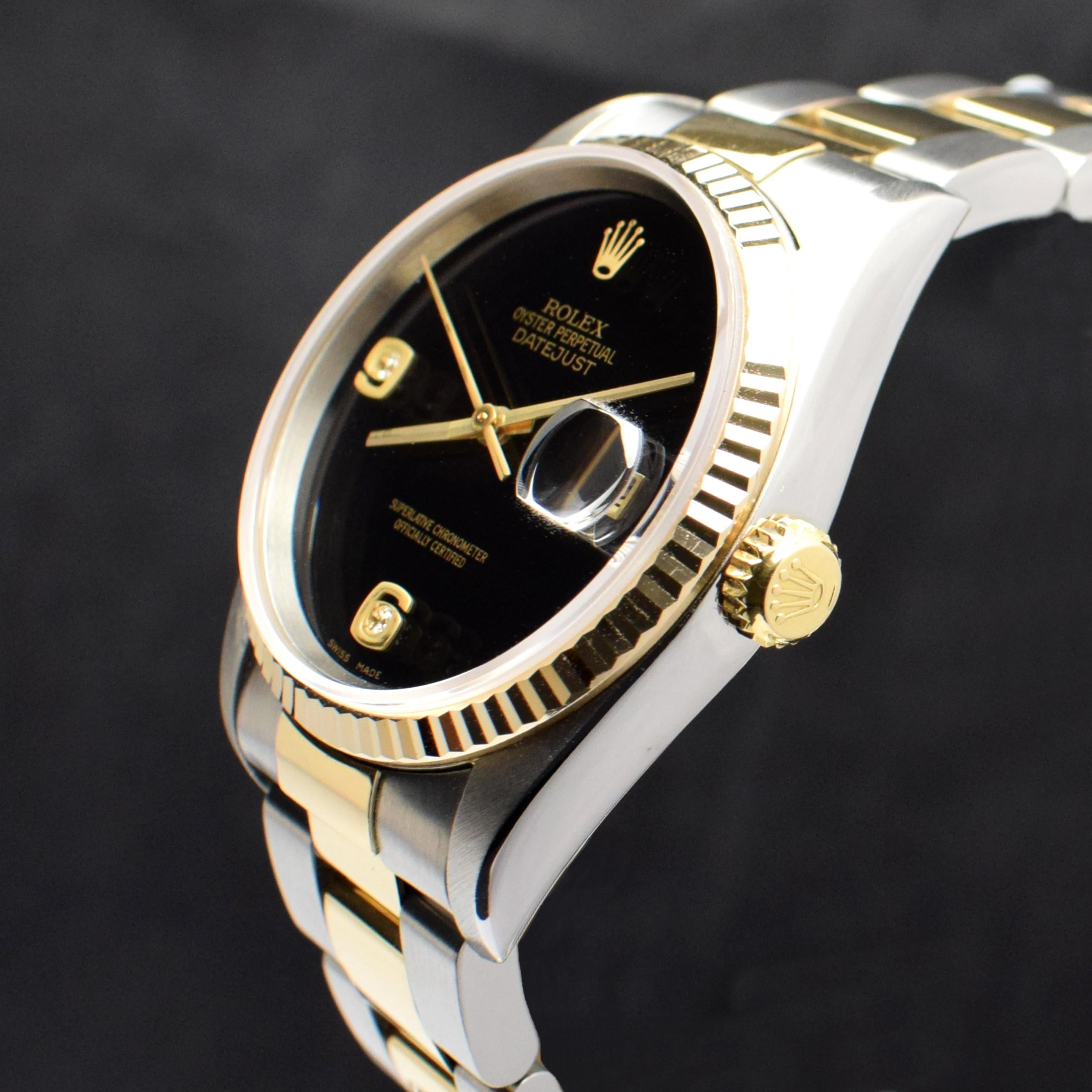 Rolex Datejust Uhr aus Gelbgold und Stahl mit Onyx-Zifferblatt und Diamant 16233, 2002 für Damen oder Herren