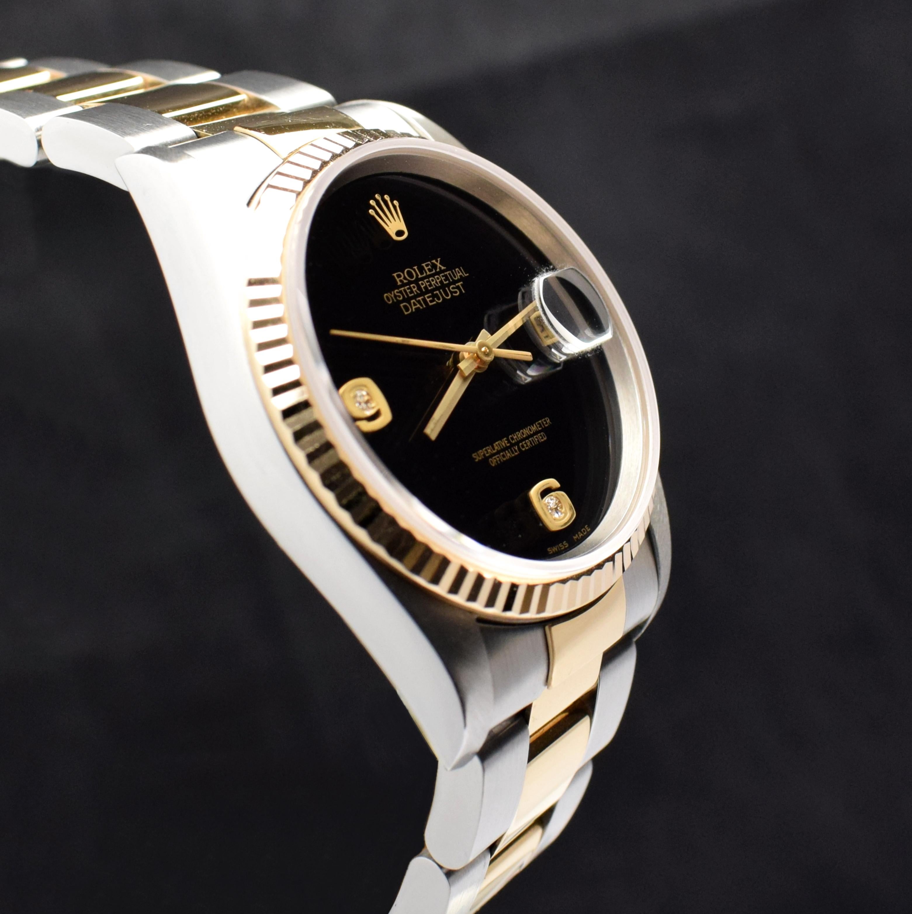 Rolex Datejust Uhr aus Gelbgold und Stahl mit Onyx-Zifferblatt und Diamant 16233, 2002 1