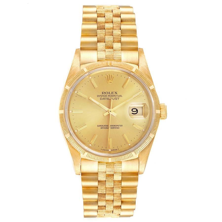 Rolex Datejust Yellow Gold Bark Finish Champagne Dial Mens Watch 16248. Officially certified chronometer self-winding movement. 18k yellow gold case 36.0 mm in diameter. Rolex logo on a crown. 18k yellow gold engine turned bezel. Scratch resistant