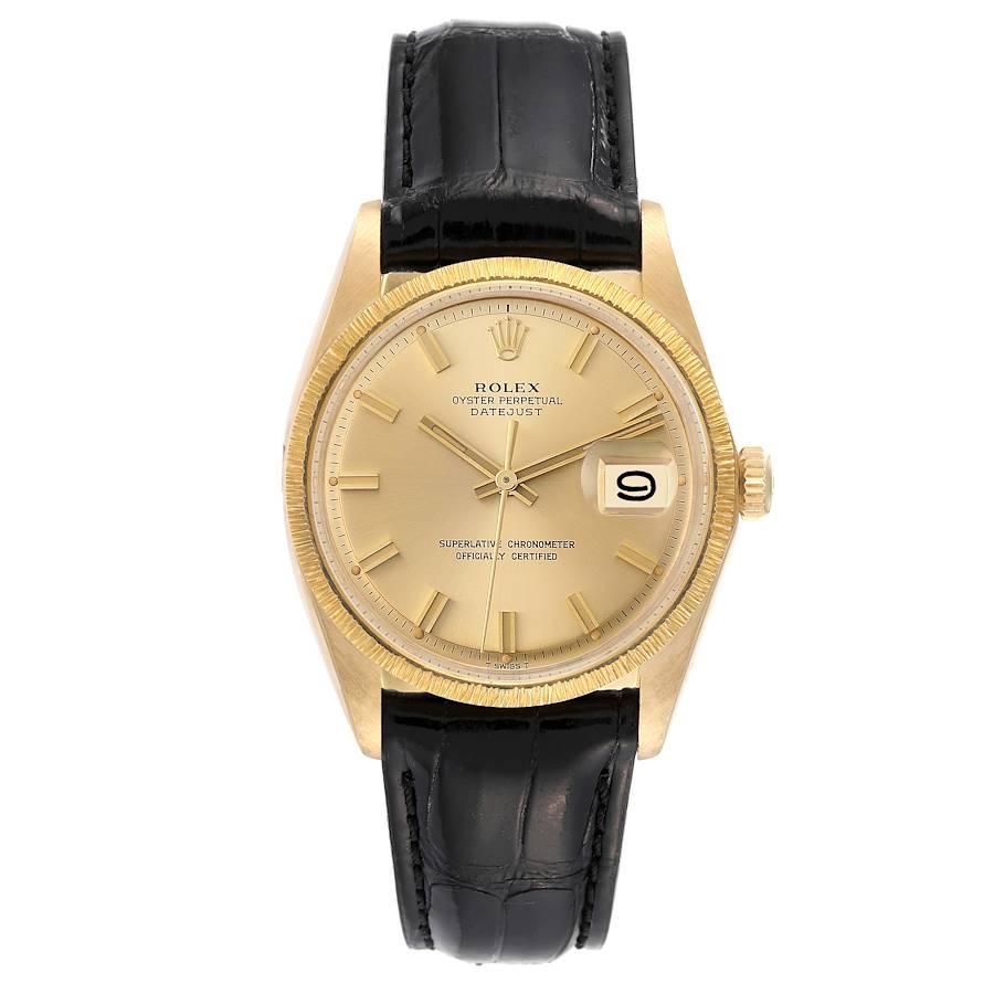 Rolex Datejust Yellow Gold Bark Finish Wide Boy Dial Vintage Mens Watch 1607. Officially certified chronometer self-winding movement. 18k yellow gold oyster case 36.0 mm in diameter. Rolex logo on the crown. 18k yellow gold bark finish bezel.