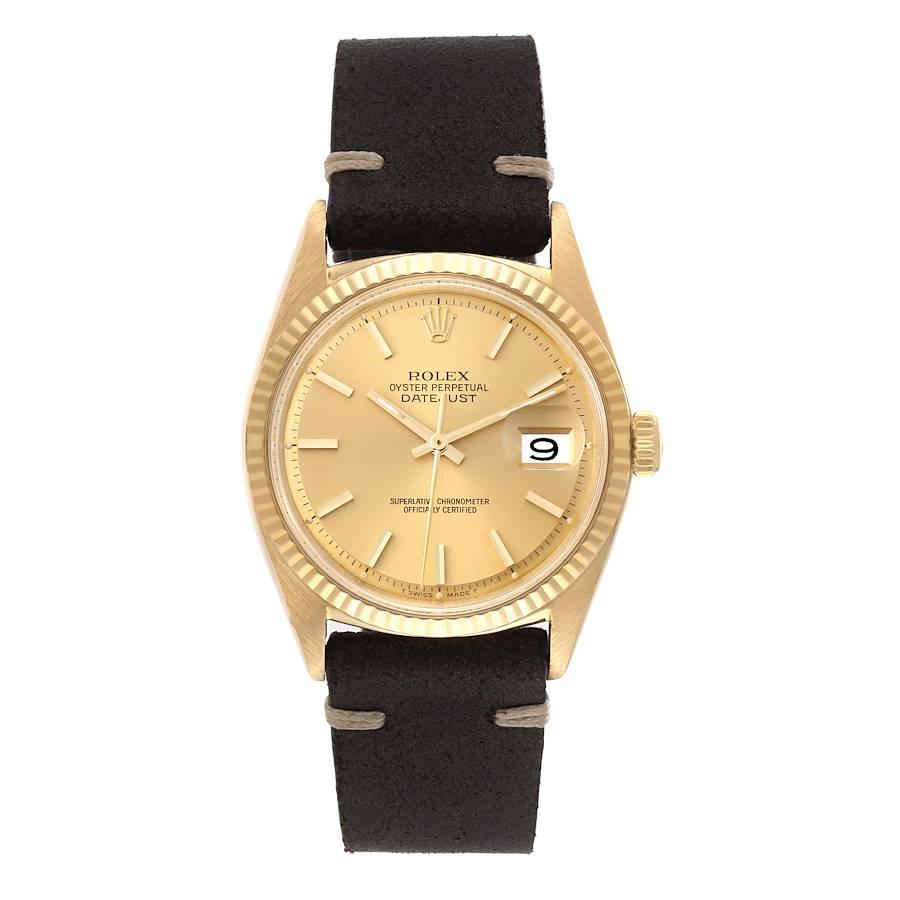 Rolex Datejust Yellow Gold Champagne Dial Vintage Mens Watch 1601. Officially certified chronometer self-winding movement. 18k yellow gold oyster case 36.0 mm in diameter. Rolex logo on the crown. 18k yellow gold fluted bezel. Acrylic crystal with