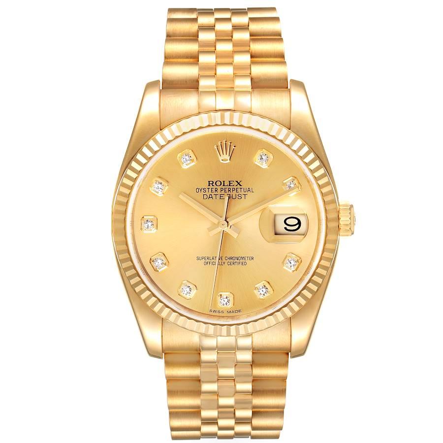 Rolex Datejust Yellow Gold Champagne Diamond Dial Mens Watch 116238. Officially certified chronometer self-winding movement. 18k yellow gold case 36.0 mm in diameter. Rolex logo on a crown. 18k yellow gold fluted bezel. Scratch resistant sapphire