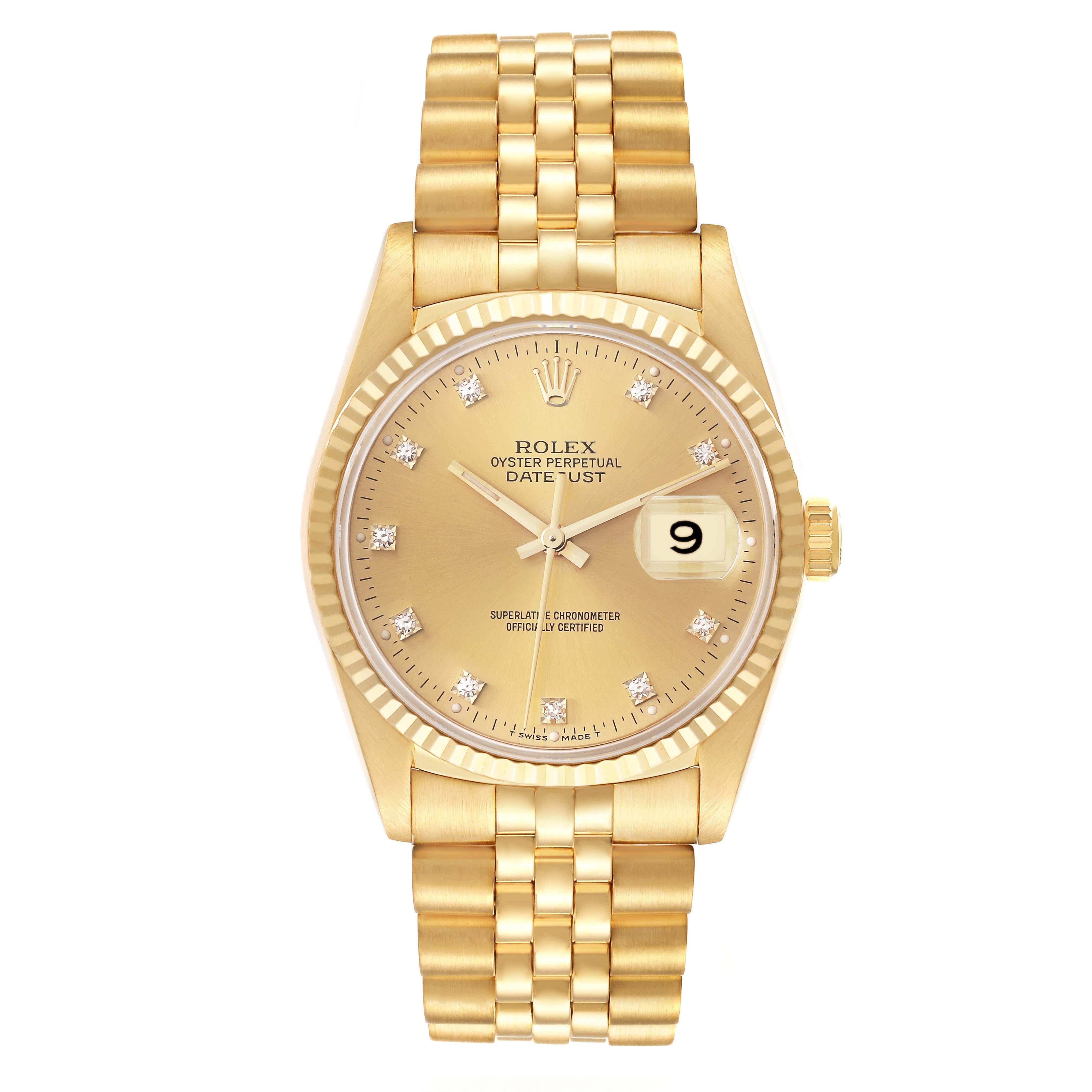 Rolex Datejust Gelbgold Champagner Diamant-Zifferblatt Herrenuhr 16238. Offiziell zertifiziertes Chronometerwerk mit automatischem Aufzug. Gehäuse aus 18 Karat Gelbgold mit einem Durchmesser von 36,0 mm. Rolex Logo auf einer Krone. Geriffelte