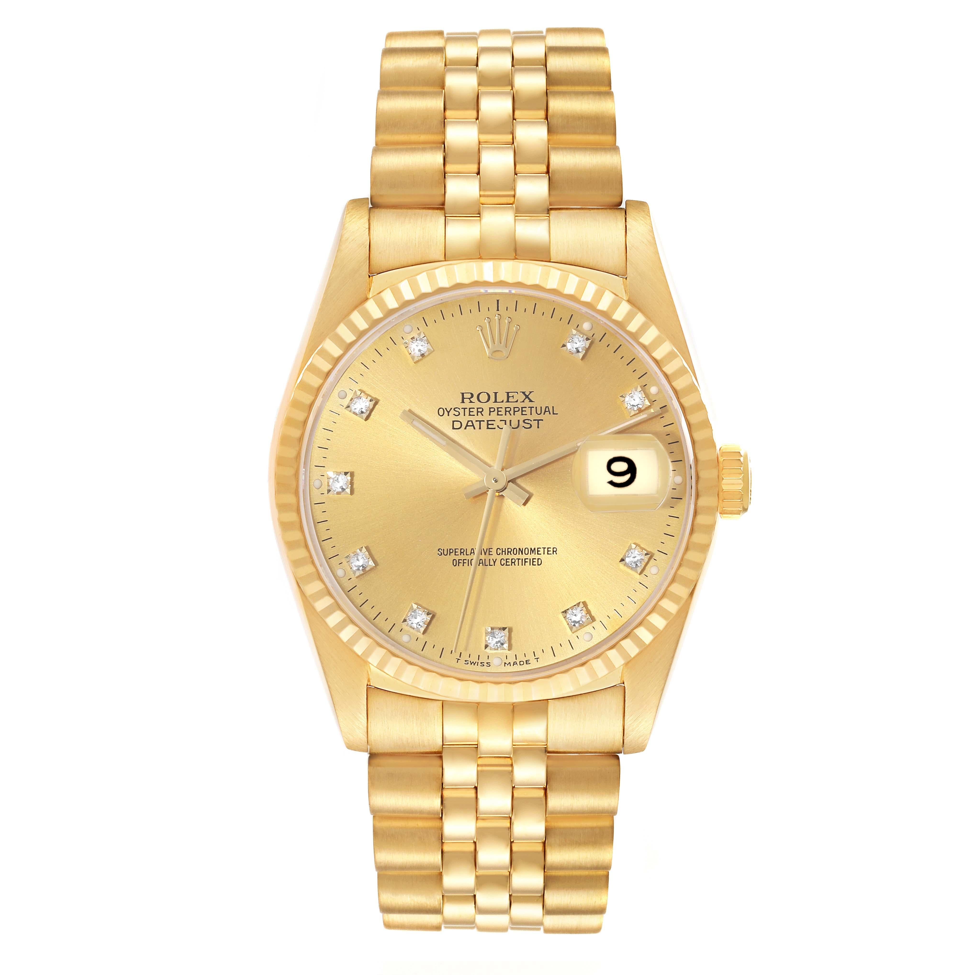 Rolex Datejust Yellow Gold Champagne Diamond Dial Mens Watch 16238. Officially certified chronometer self-winding movement. 18k yellow gold case 36.0 mm in diameter. Rolex logo on a crown. 18k yellow gold fluted bezel. Scratch resistant sapphire