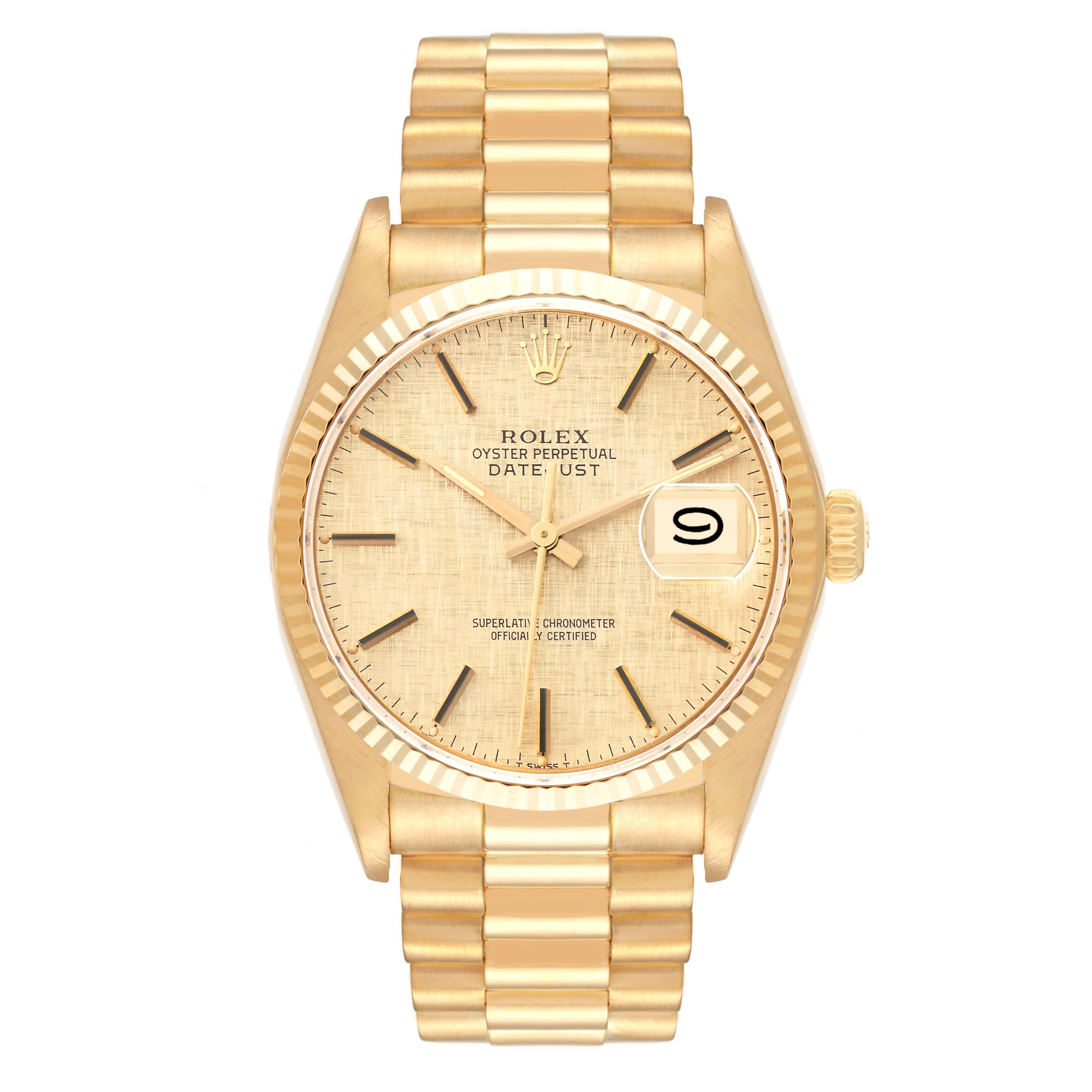 Rolex Datejust Yellow Gold Linen Dial Vintage Mens Watch 16018. Officially certified chronometer self-winding movement. 18k yellow gold case 36.0 mm in diameter. Rolex logo on a crown. 18k yellow gold fluted bezel. Scratch resistant sapphire crystal