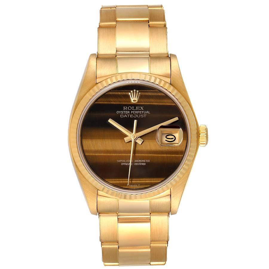 Rolex Datejust Gelbgold Tigerauge Zifferblatt Vintage Herrenuhr 16018. Offiziell zertifiziertes Chronometerwerk mit automatischem Aufzug. Gehäuse aus 18 Karat Gelbgold mit einem Durchmesser von 36,0 mm. Rolex Logo auf einer Krone. Geriffelte Lünette