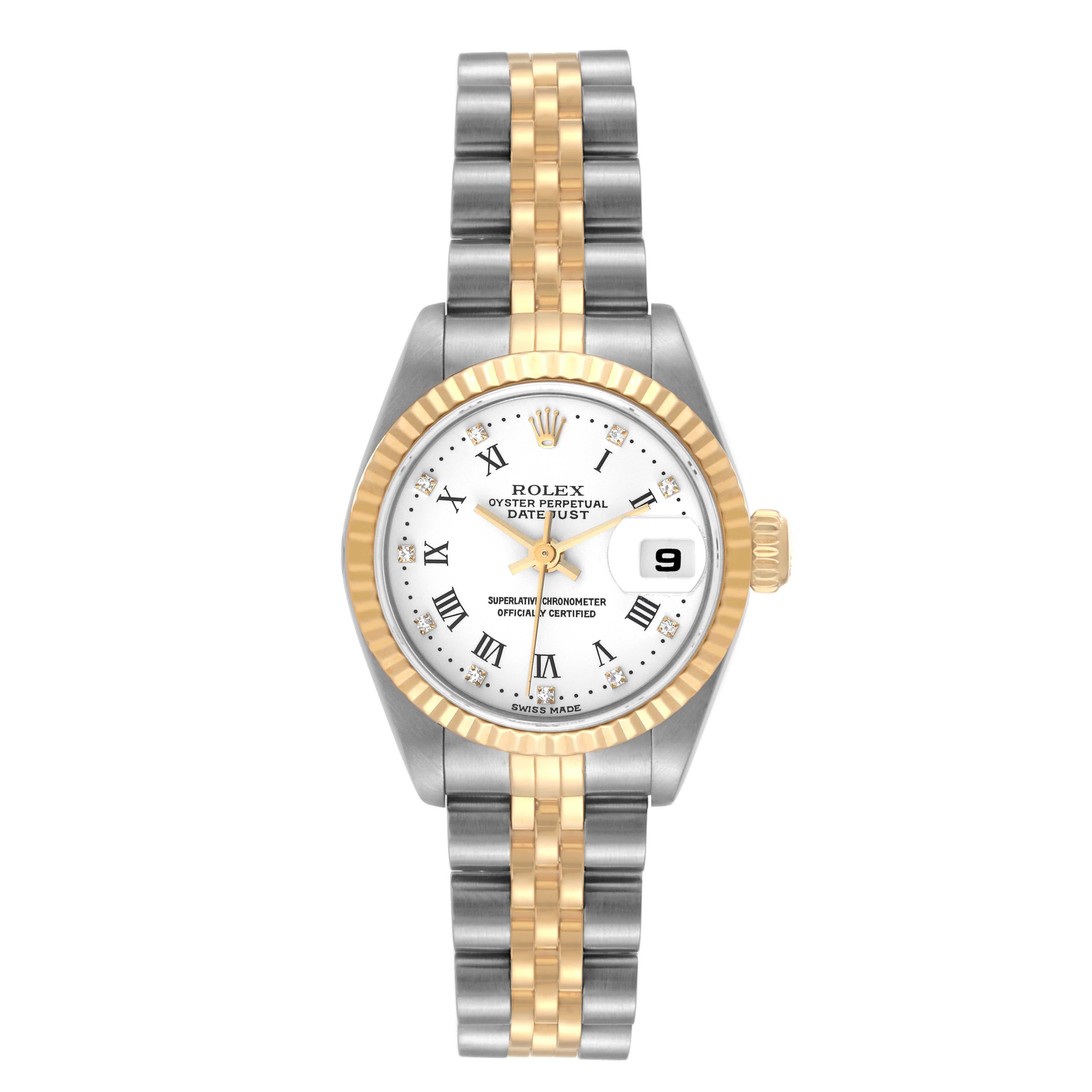 Rolex Datejust Yellow Gold White Diamond Dial Ladies Watch 79173. Officially certified chronometer self-winding movement with quickset date function. Stainless steel oyster case 26.0 mm in diameter. Rolex logo on an 18K yellow gold crown. 18k yellow