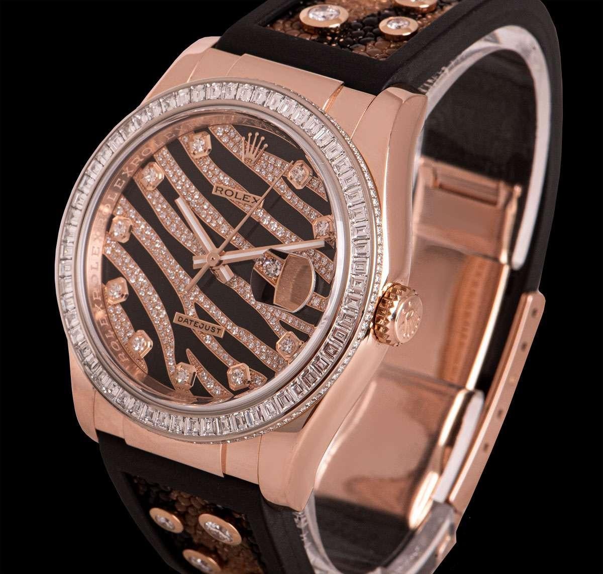 A 36 mm 18k Rose Gold Oyster Perpetual Datejust Zebra Gents Wristwatch, black zebra striped pave diamond dial set with 10 applied round brilliant cut diamond hour markers, date at 3 0'clock, a fixed 18k rose gold bezel set with 60 square cut