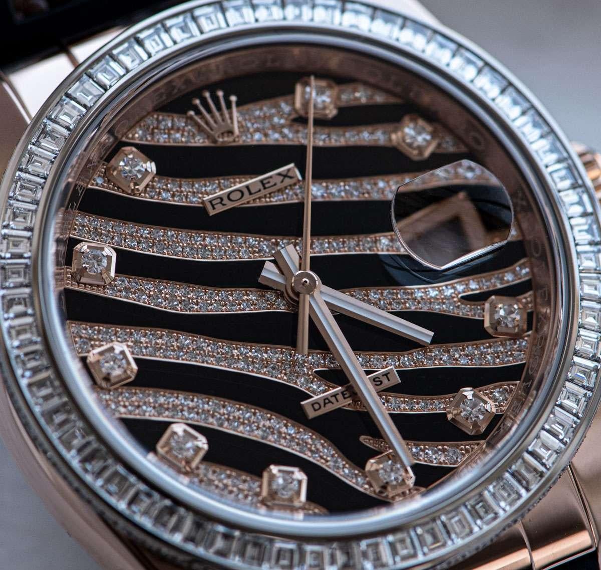 Rolex Datejust Zebra 18 Karat Gold Striped Pave Diamond Dial Diamond Bezel B&P In Excellent Condition In London, GB