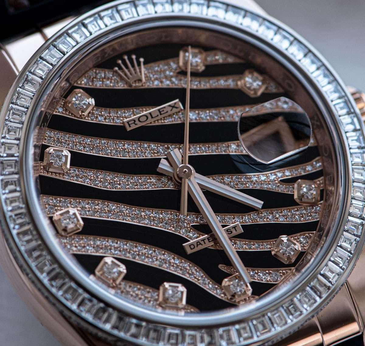 Rolex Datejust Zebra 18 Karat Gold Striped Pave Diamond Dial Diamond Bezel B&P In Excellent Condition In Mayfair, London, London