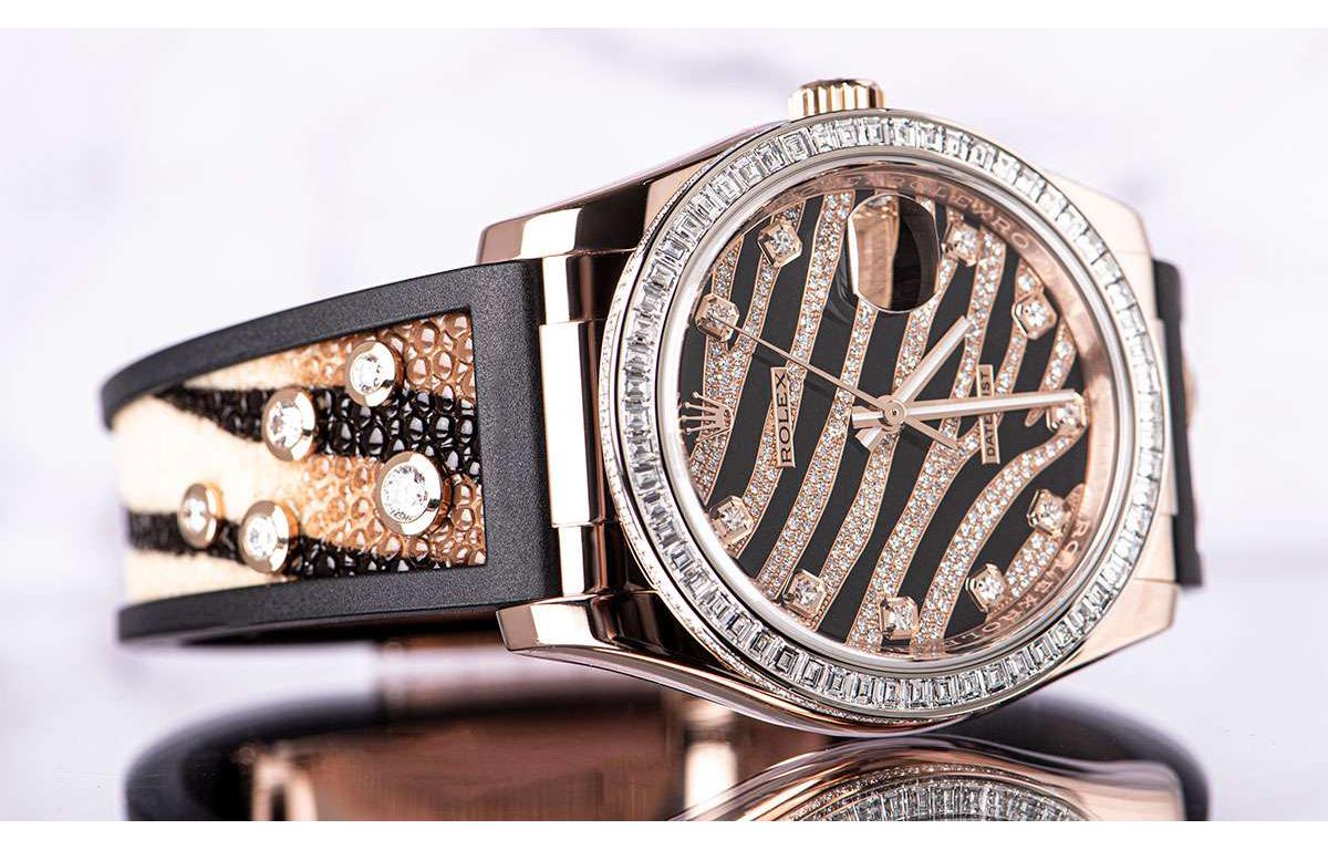 Rolex Datejust Zebra 18 Karat Gold Striped Pave Diamond Dial Diamond Bezel B&P 1