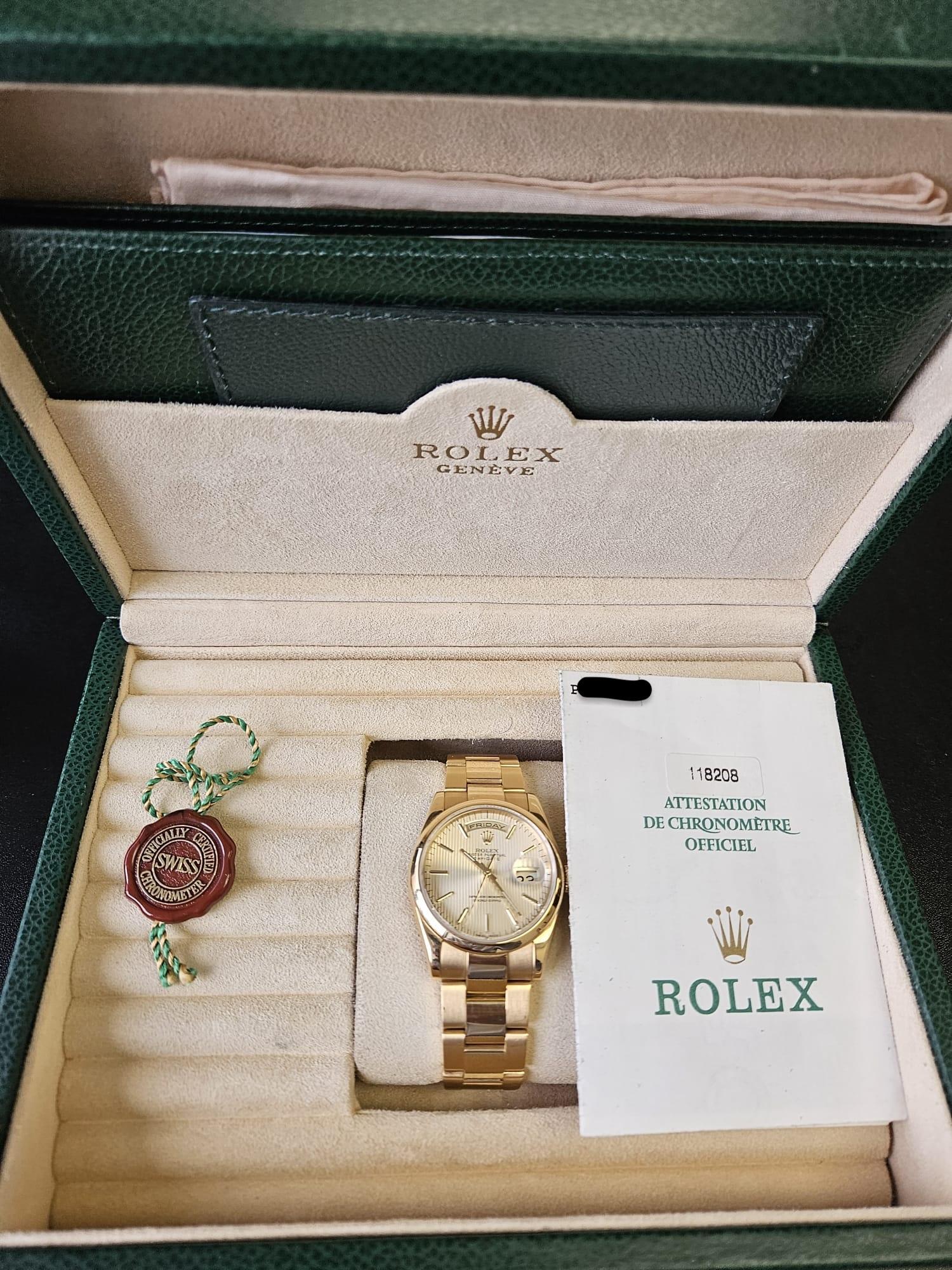 Rolex Day-Date 118208 18K Yellow Gold Linen Dial Full-Set For Sale 5