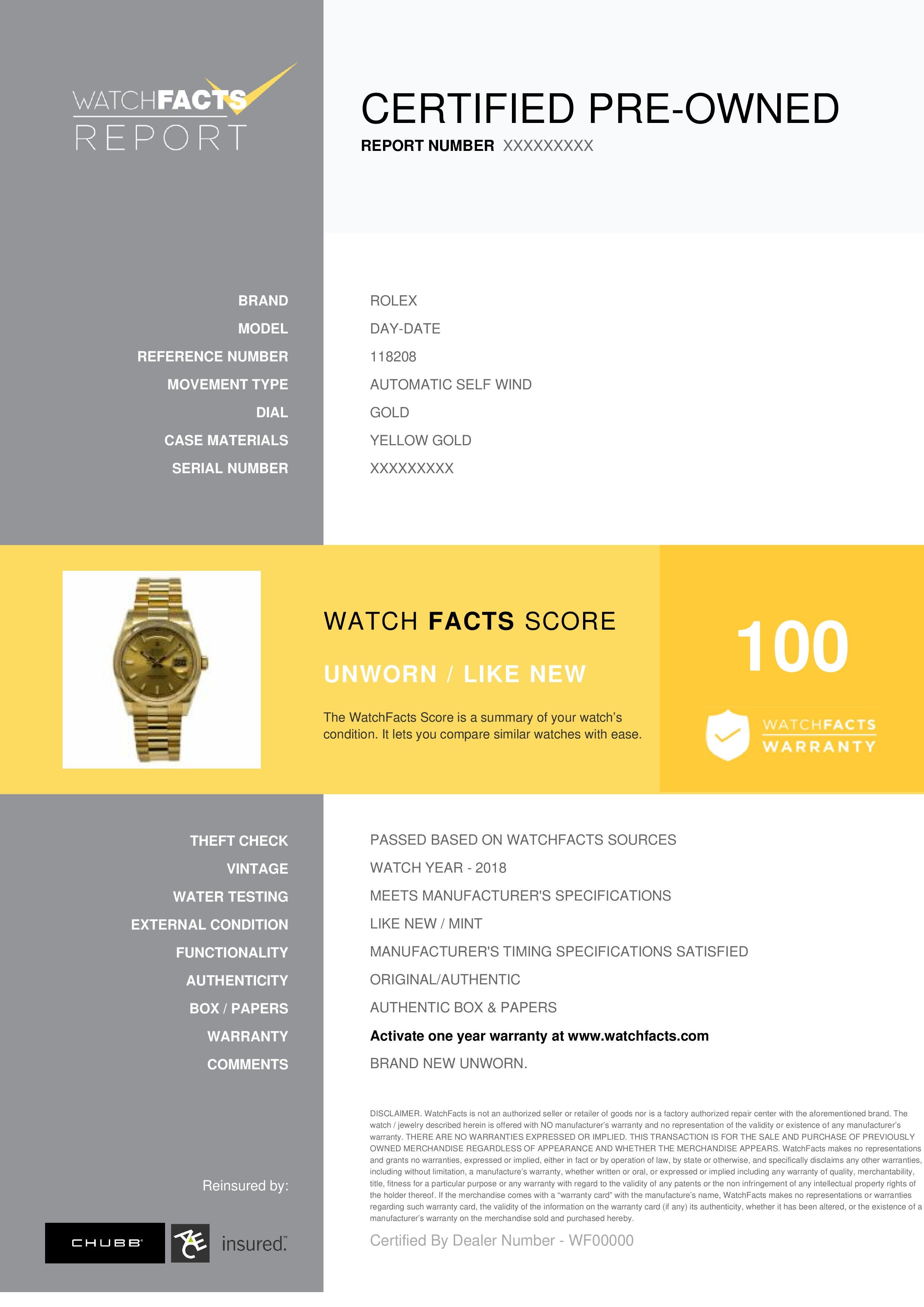 Rolex Day-Date Reference #: 118208. Mens Automatic Self Wind Watch Yellow Gold Gold 36 MM. Verified and Certified by WatchFacts. 1 year warranty offered by WatchFacts.
