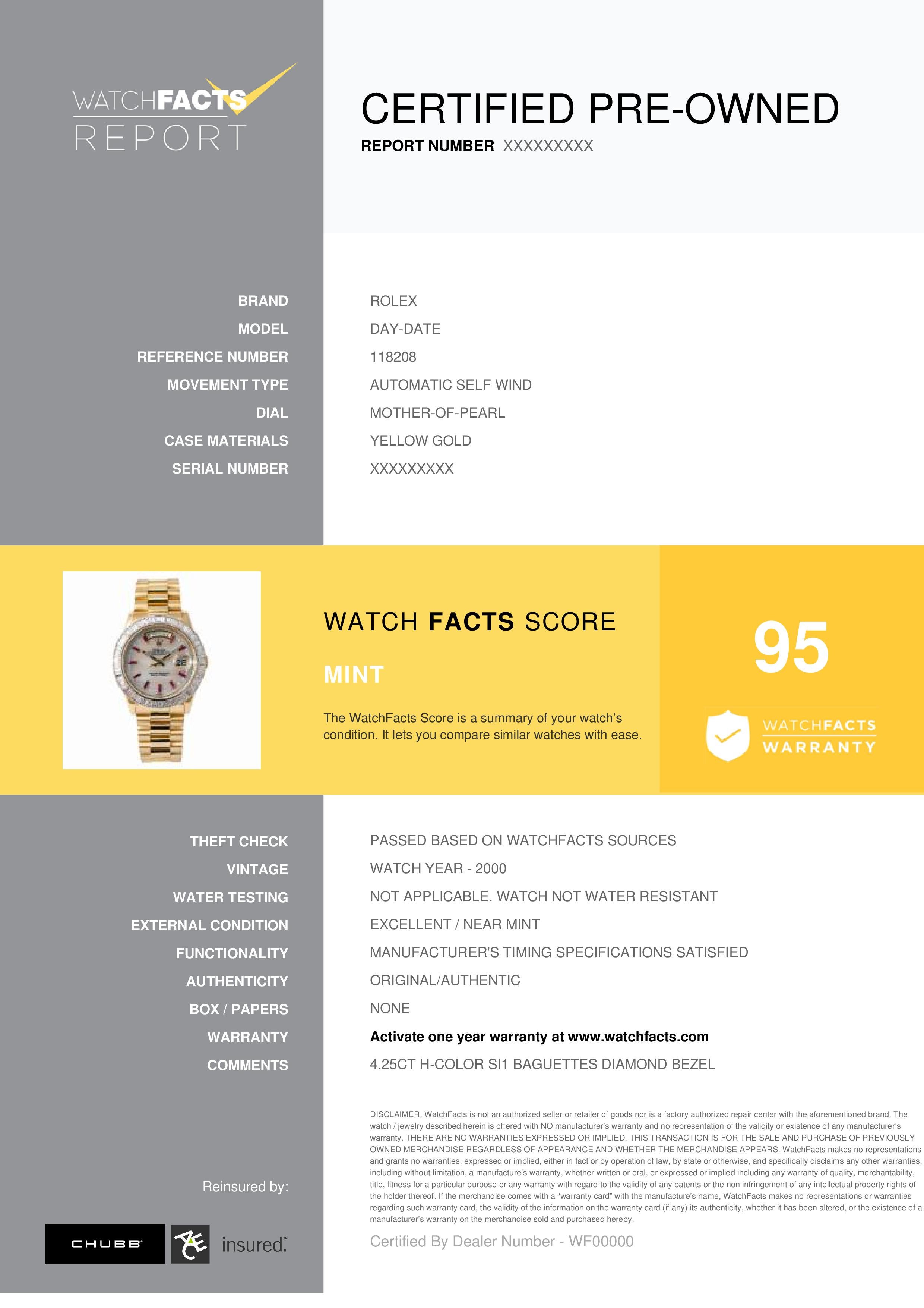 Rolex Day-Date Reference #: 118208. Mens Automatic Self Wind Watch Yellow Gold Mother of Pearl 38 MM. Verified and Certified by WatchFacts. 1 year warranty offered by WatchFacts.
