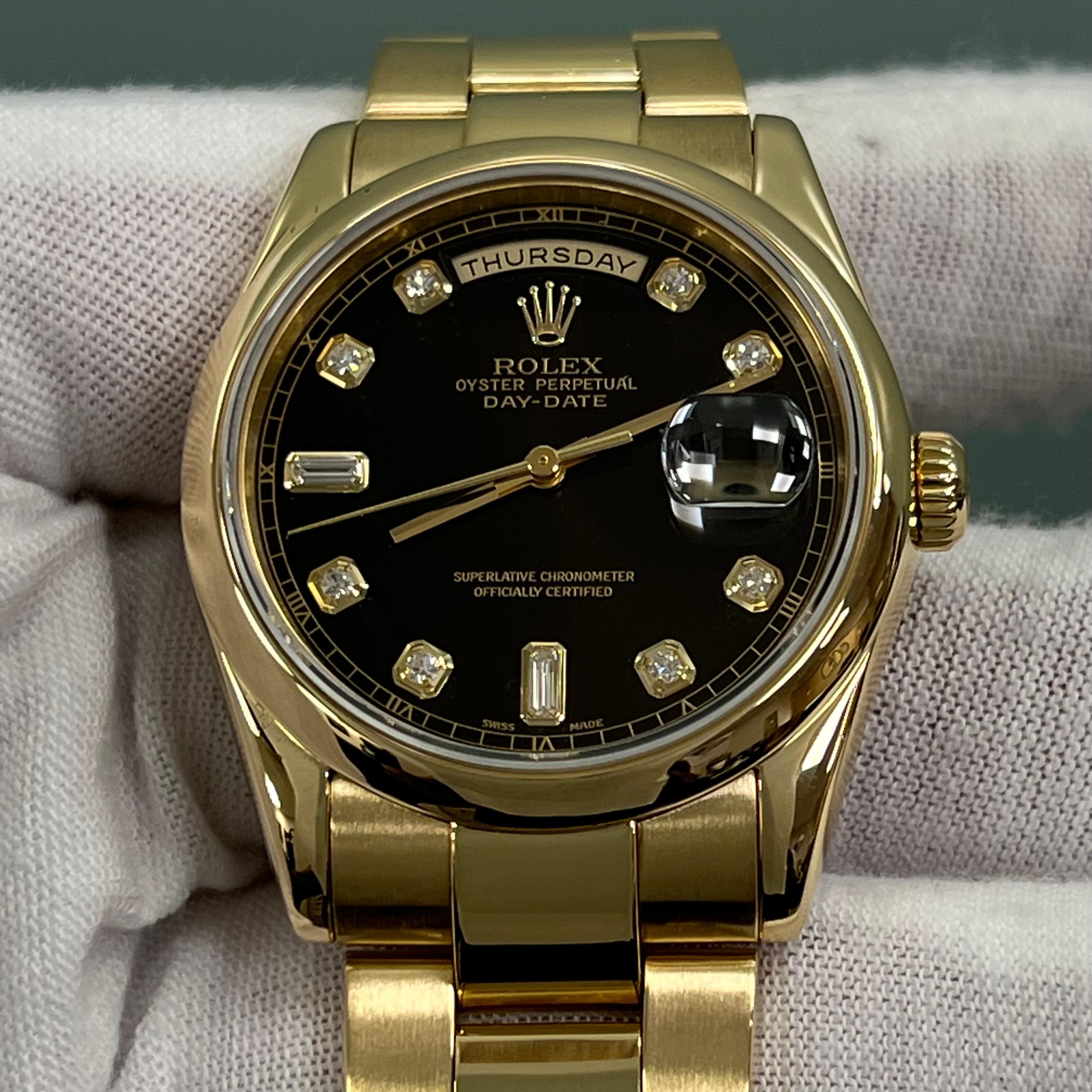 Rolex Day Date 118208 Black Diamond Dial 18K Yellow Gold Double Quickset Oyster For Sale 7