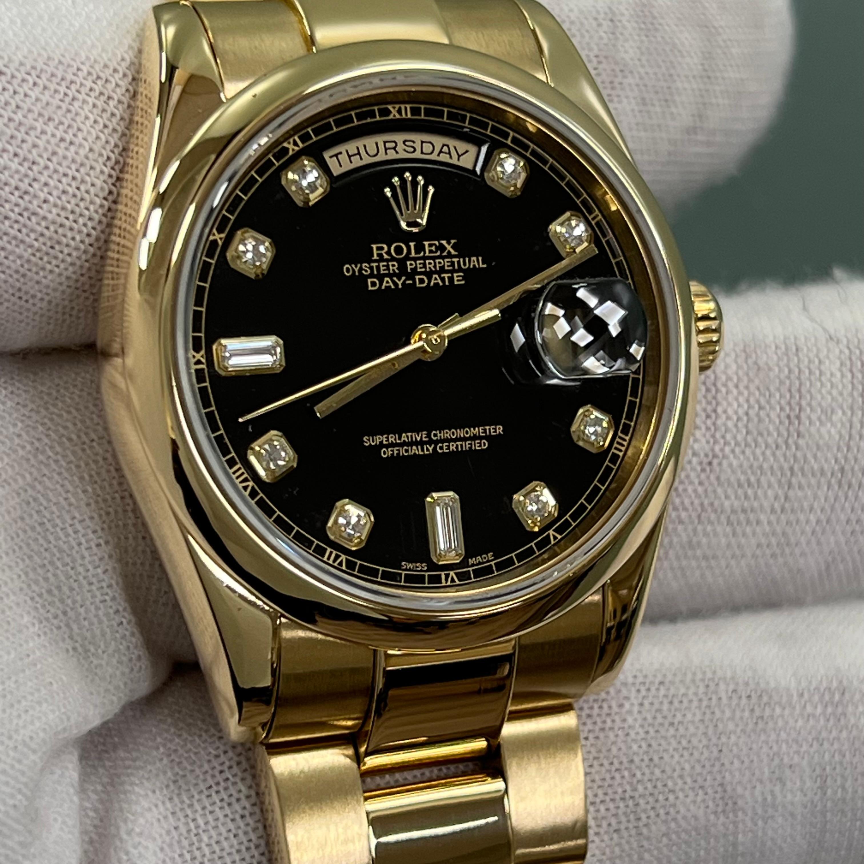 Rolex Day Date 118208 Black Diamond Dial 18K Yellow Gold Double Quickset Oyster For Sale 8