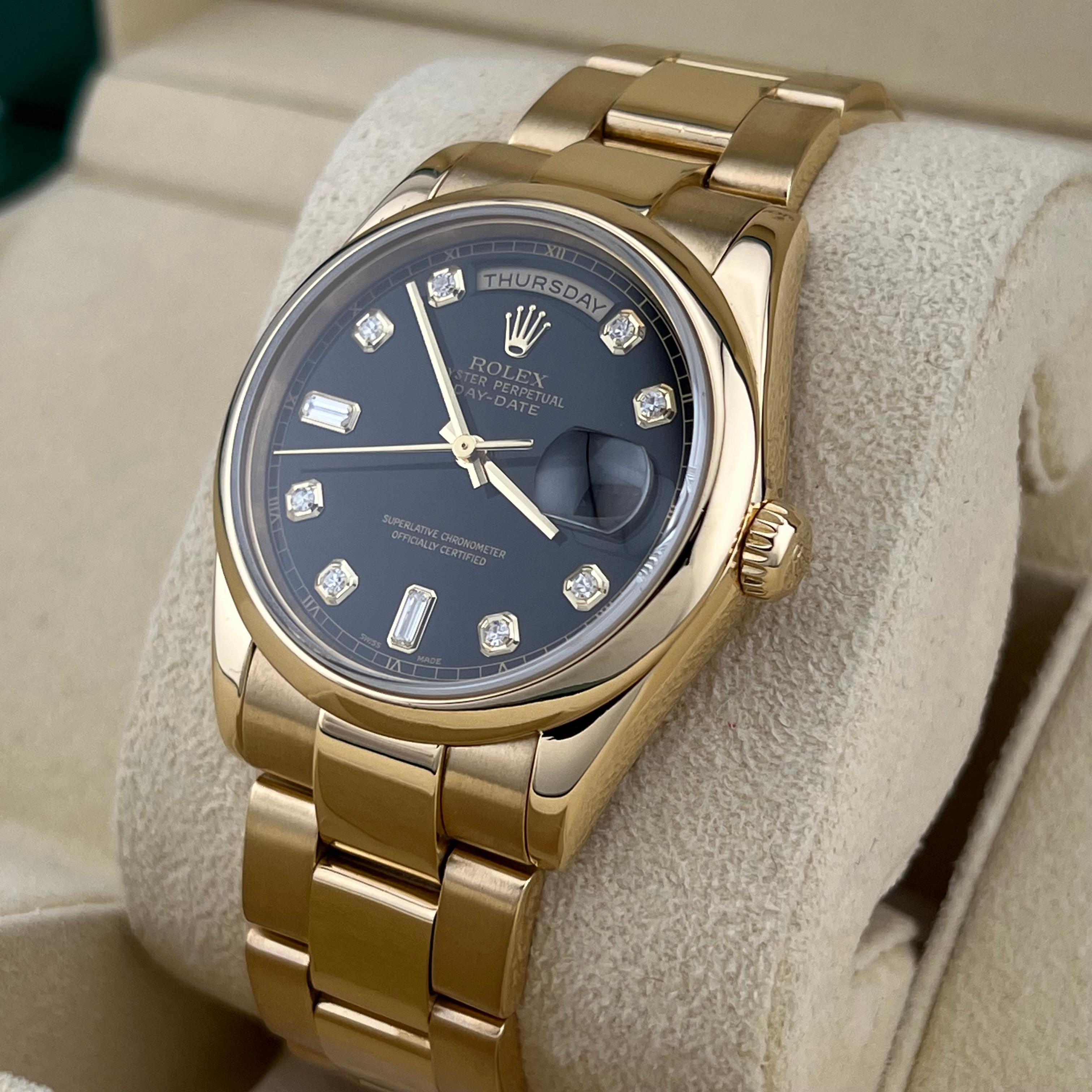 Men's Rolex Day Date 118208 Black Diamond Dial 18K Yellow Gold Double Quickset Oyster For Sale