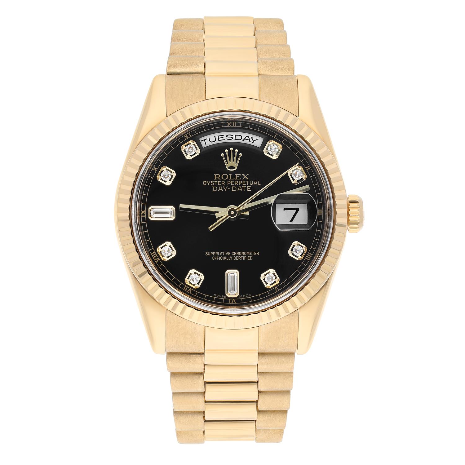 Rolex Day Date 118238 Presidential 36mm 18K Yellow Gold Black Diamond Dial

This watch has been professionally polished, serviced and does not have any visible scratches or blemishes. It is a genuine Rolex which has been inspected to verify