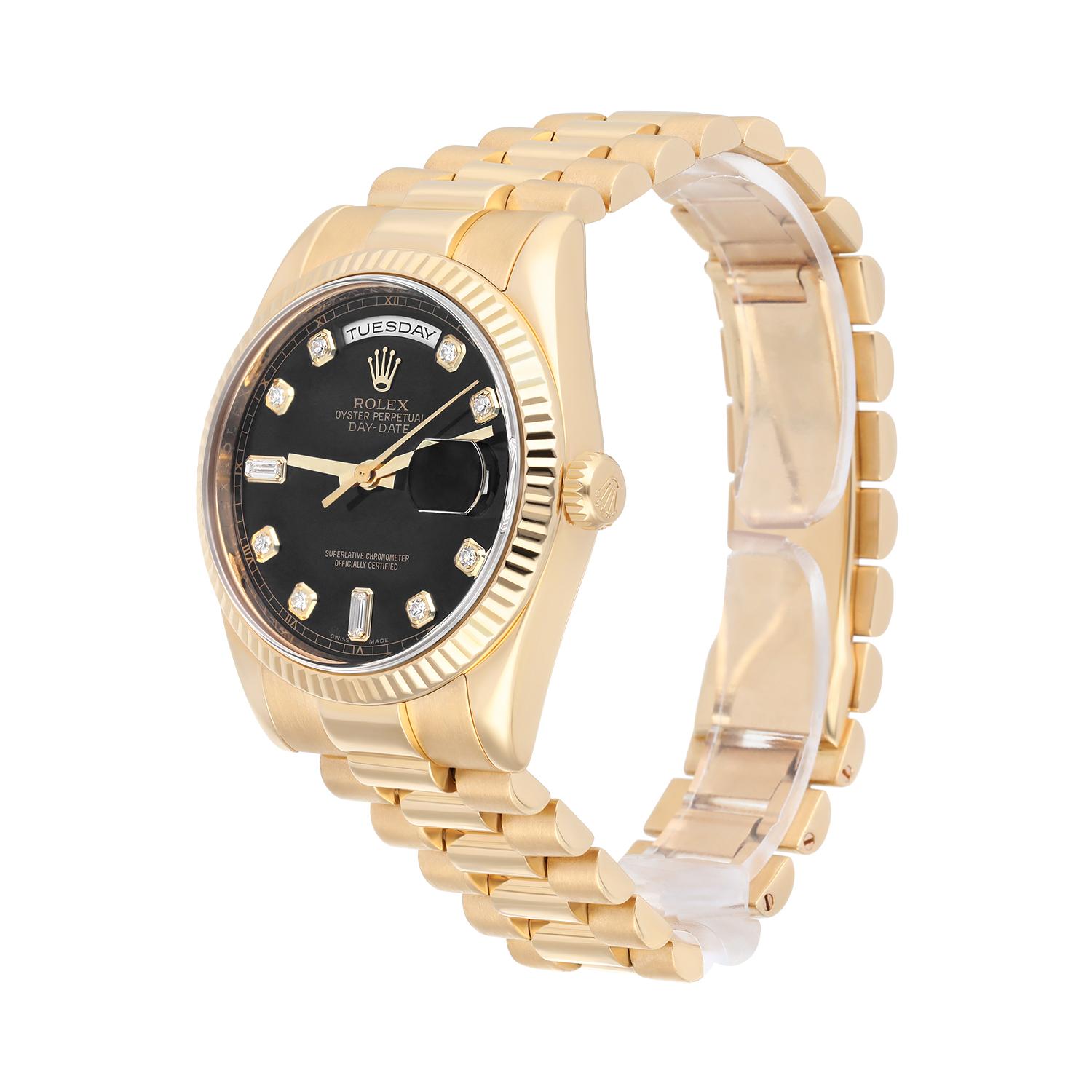 Modern Rolex Day Date 118238 Presidential 36 mm 18K Yellow Gold Black Diamond Dial For Sale