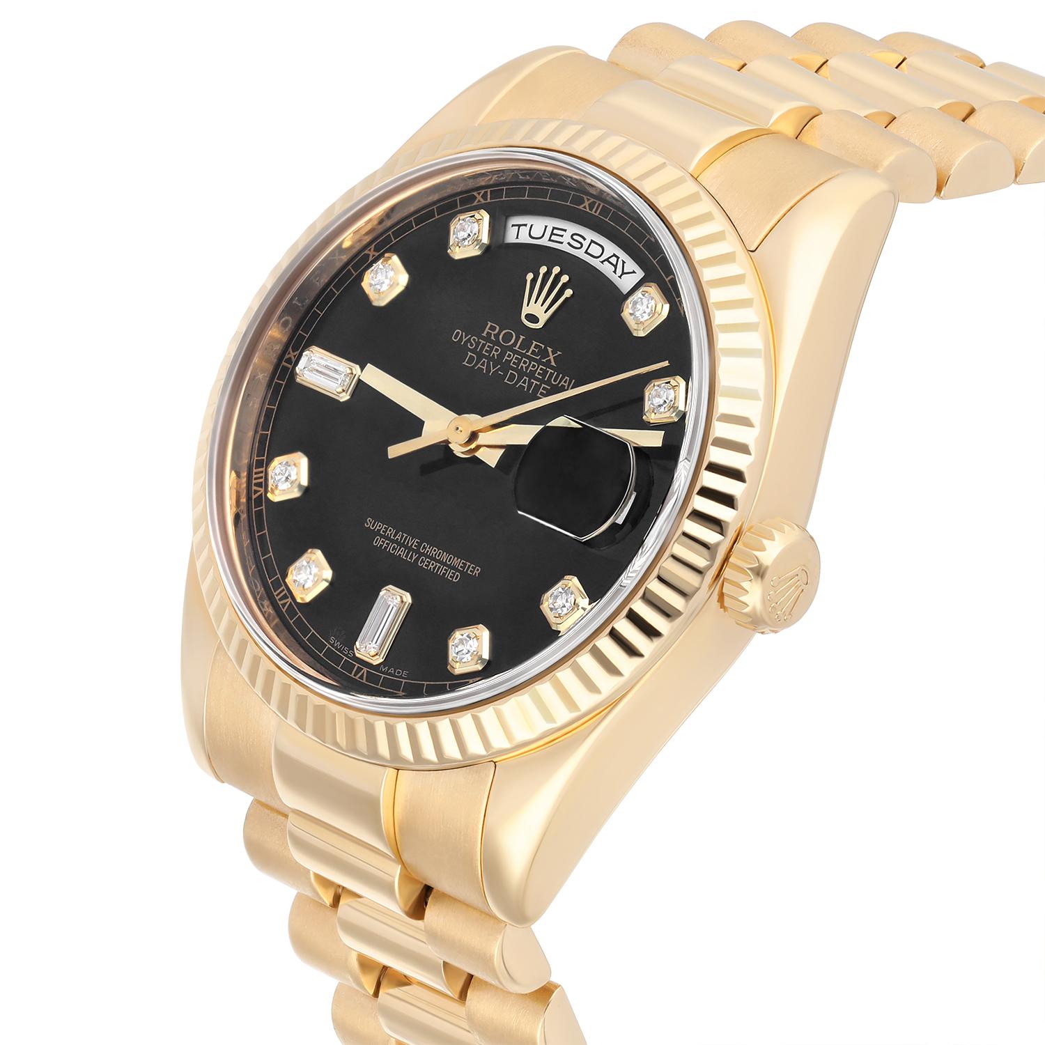 Rolex Montre présidentielle 118238 avec cadran en or jaune 18 carats et diamants noirs de 36 mm Excellent état - En vente à New York, NY