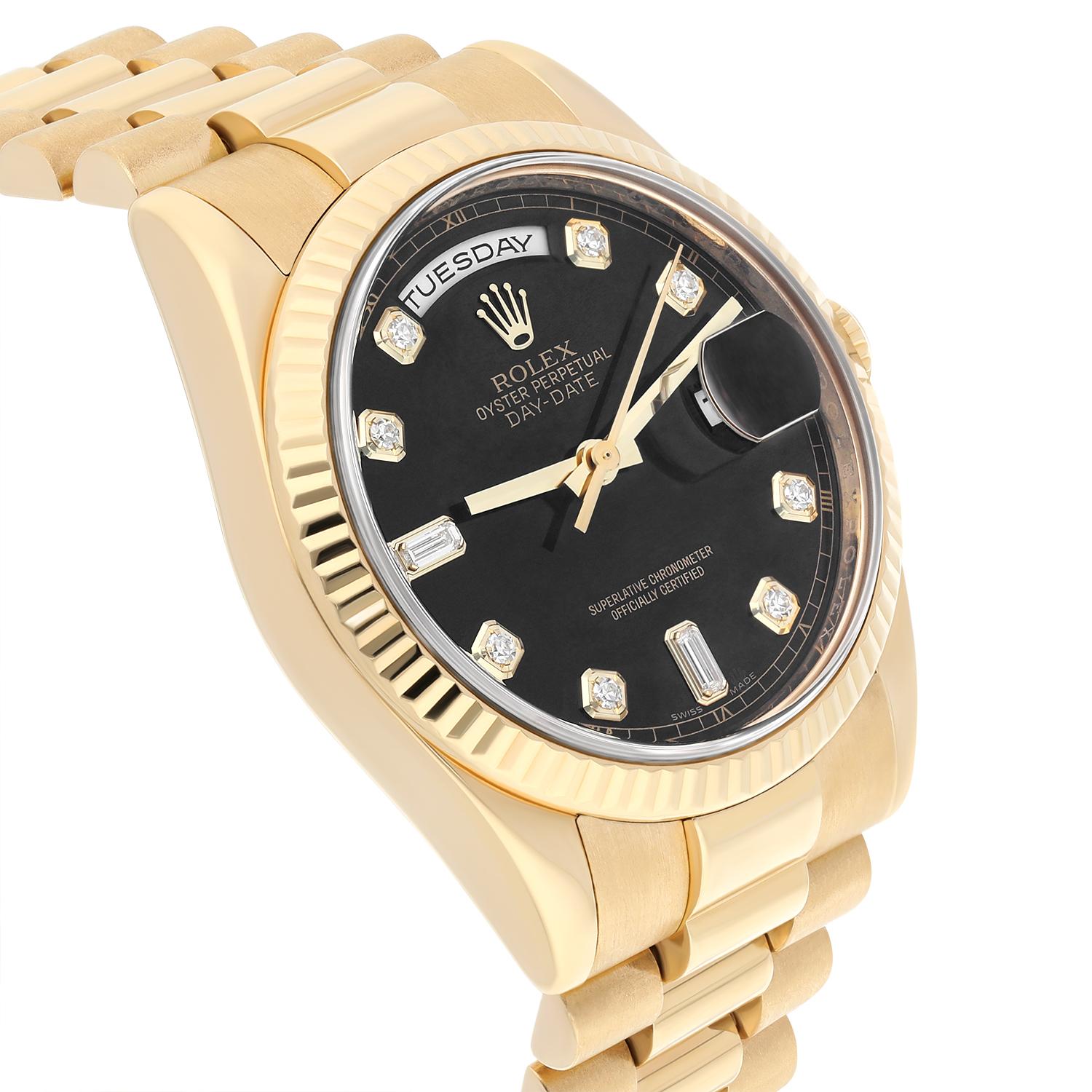 Rolex Montre présidentielle 118238 avec cadran en or jaune 18 carats et diamants noirs de 36 mm Pour hommes en vente