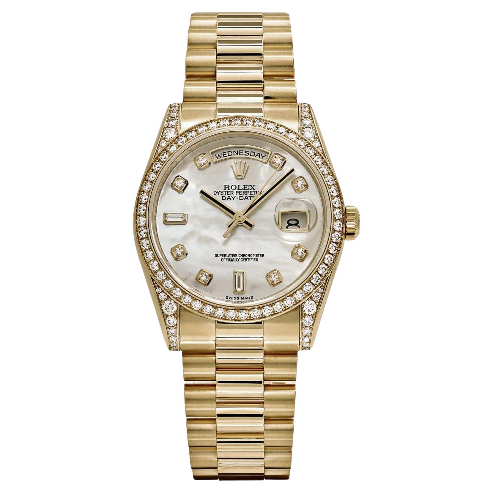 Rolex Day-Date 118388 Yellow Gold White Mother of Pearl Dial Diamond Bezel 2008