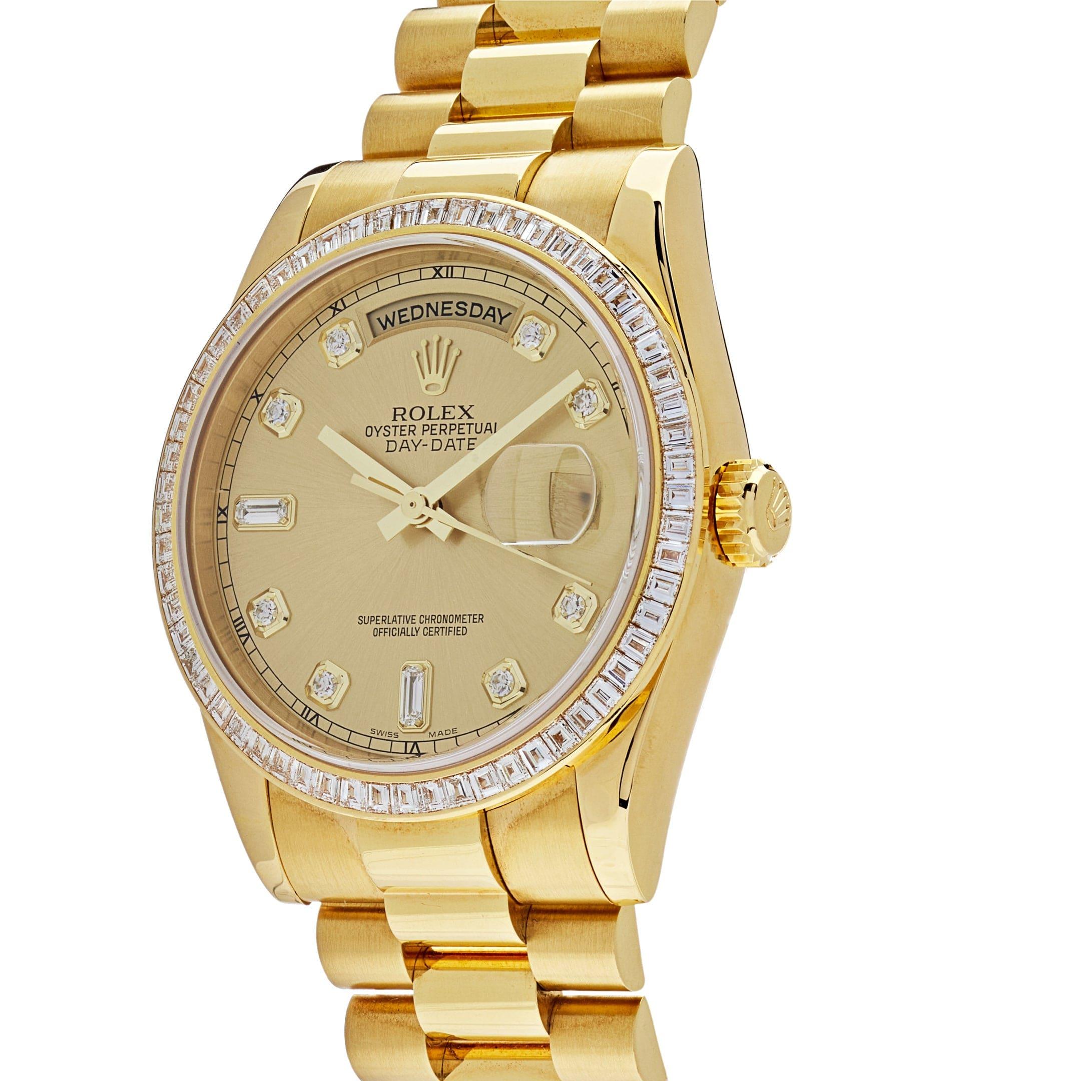 Jewels Aficionado offers the Rolex Day-Date 118398BR is a luxurious showcase of Rolex’s mastery in gem-setting and craftsmanship. Crafted in 18k yellow gold, its 36mm case exudes timeless elegance, further enhanced by a dazzling factory-set diamond