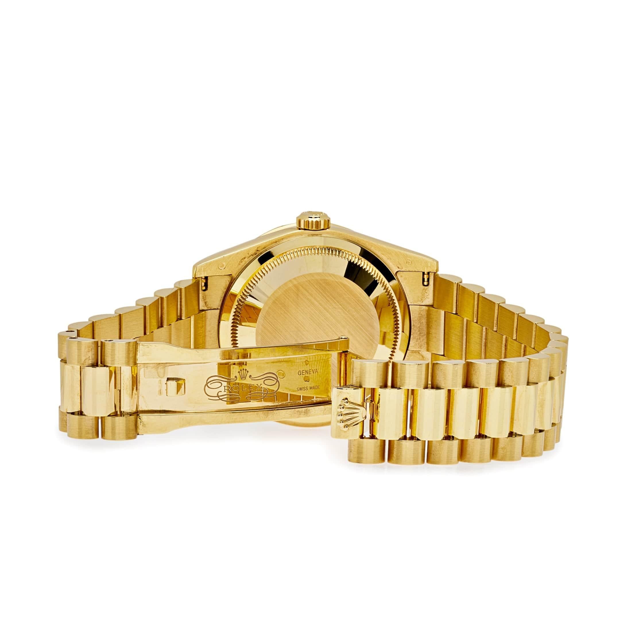 Rolex Day-Date 118398BR Yellow Gold Diamond Bezel Champagne Diamond Dial In Excellent Condition For Sale In New York, NY