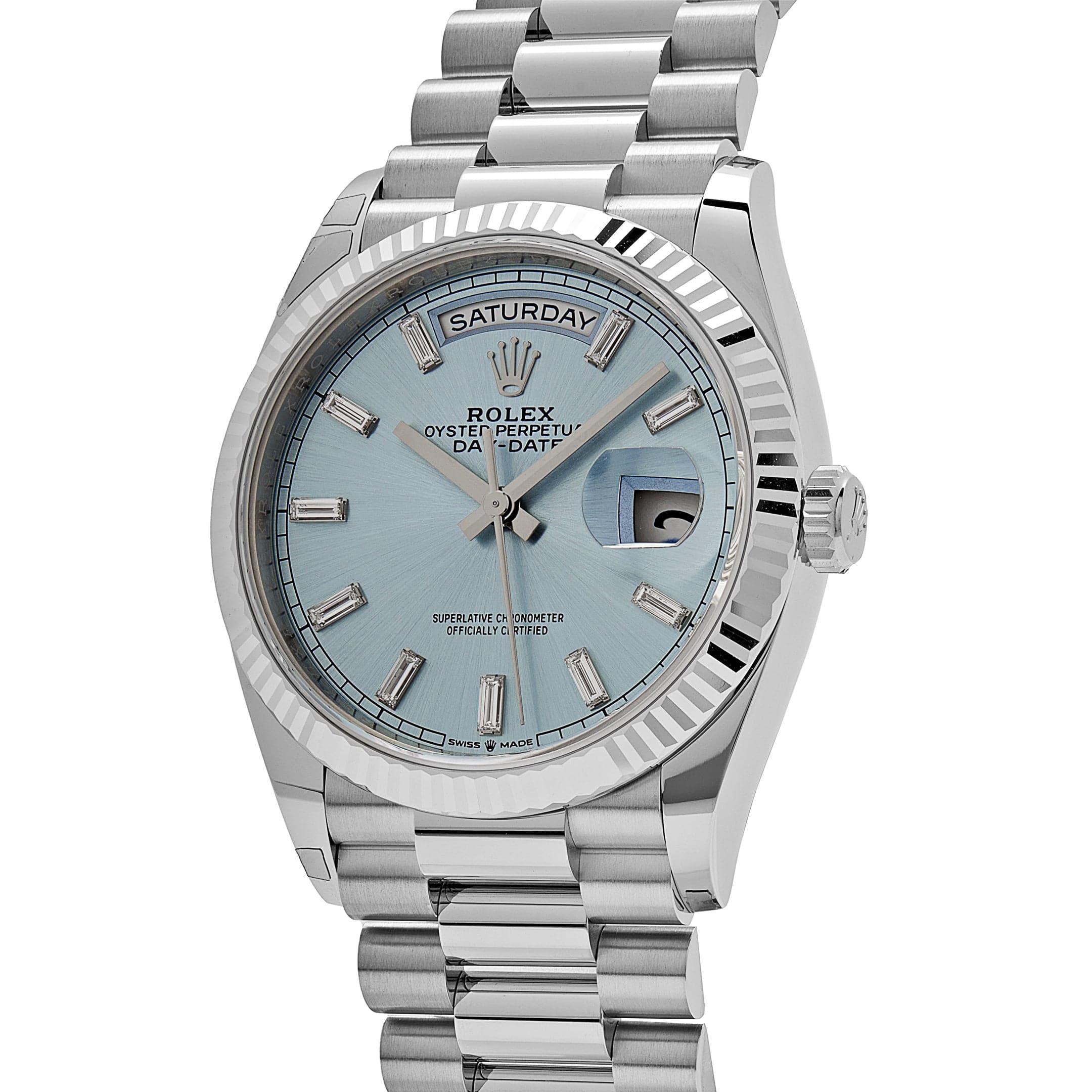 Rolex Day-Date 128236 Platinum Ice Blue Baguette Dial In Excellent Condition In New York, NY