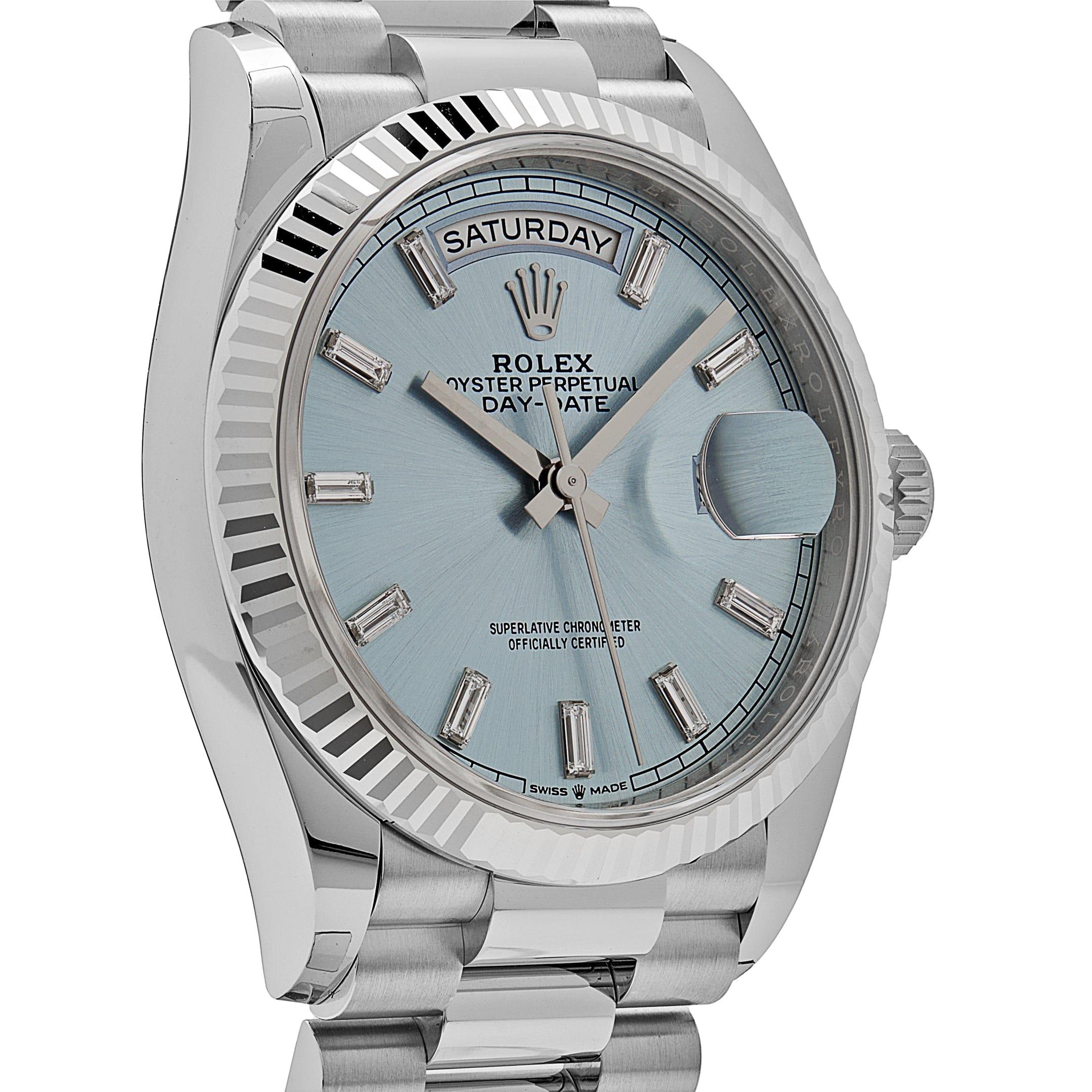 Women's or Men's Rolex Day-Date 128236 Platinum Ice Blue Baguette Dial