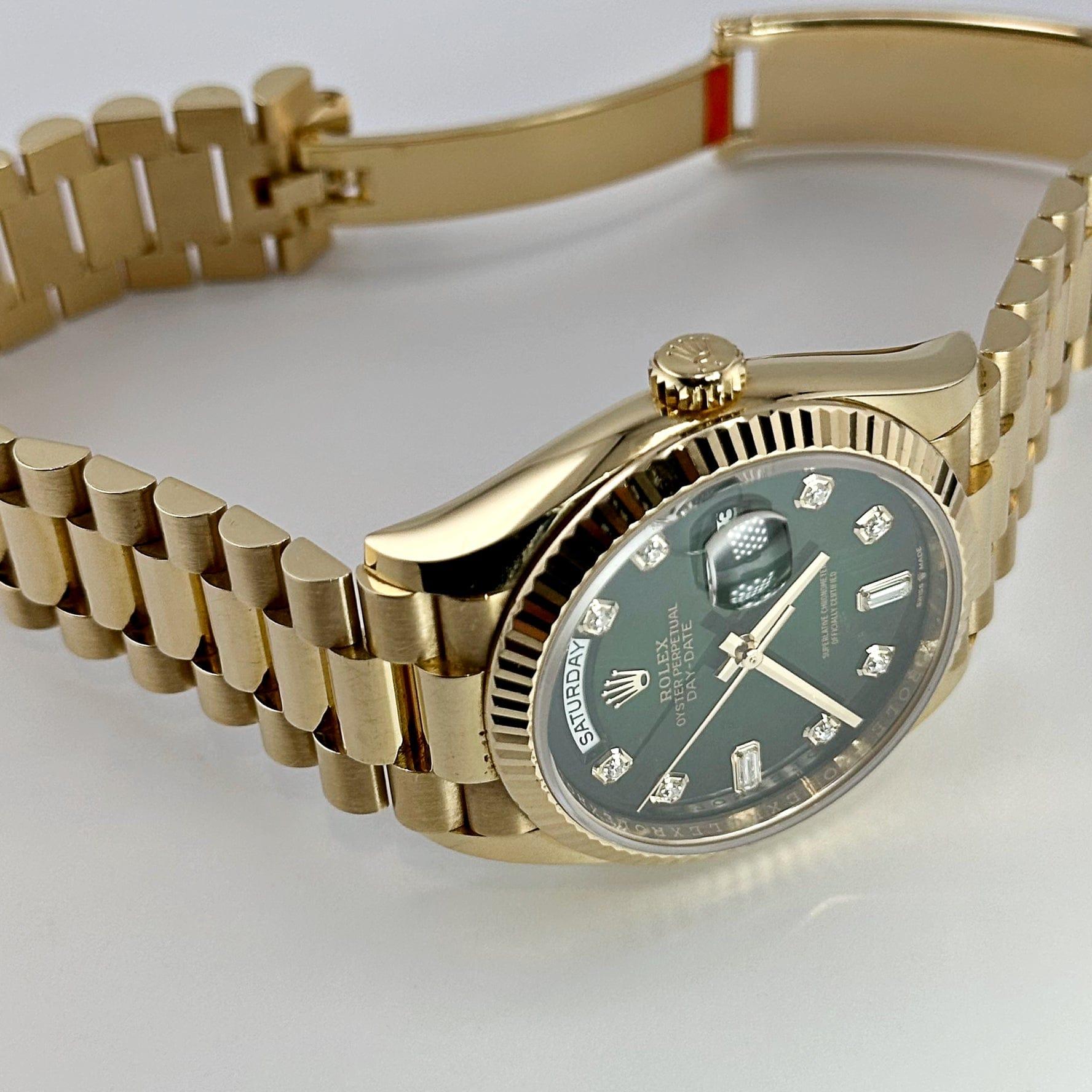Rolex Day-Date 128238 Yellow Gold Green Ombré Diamond Dial (2024) In New Condition For Sale In New York, NY