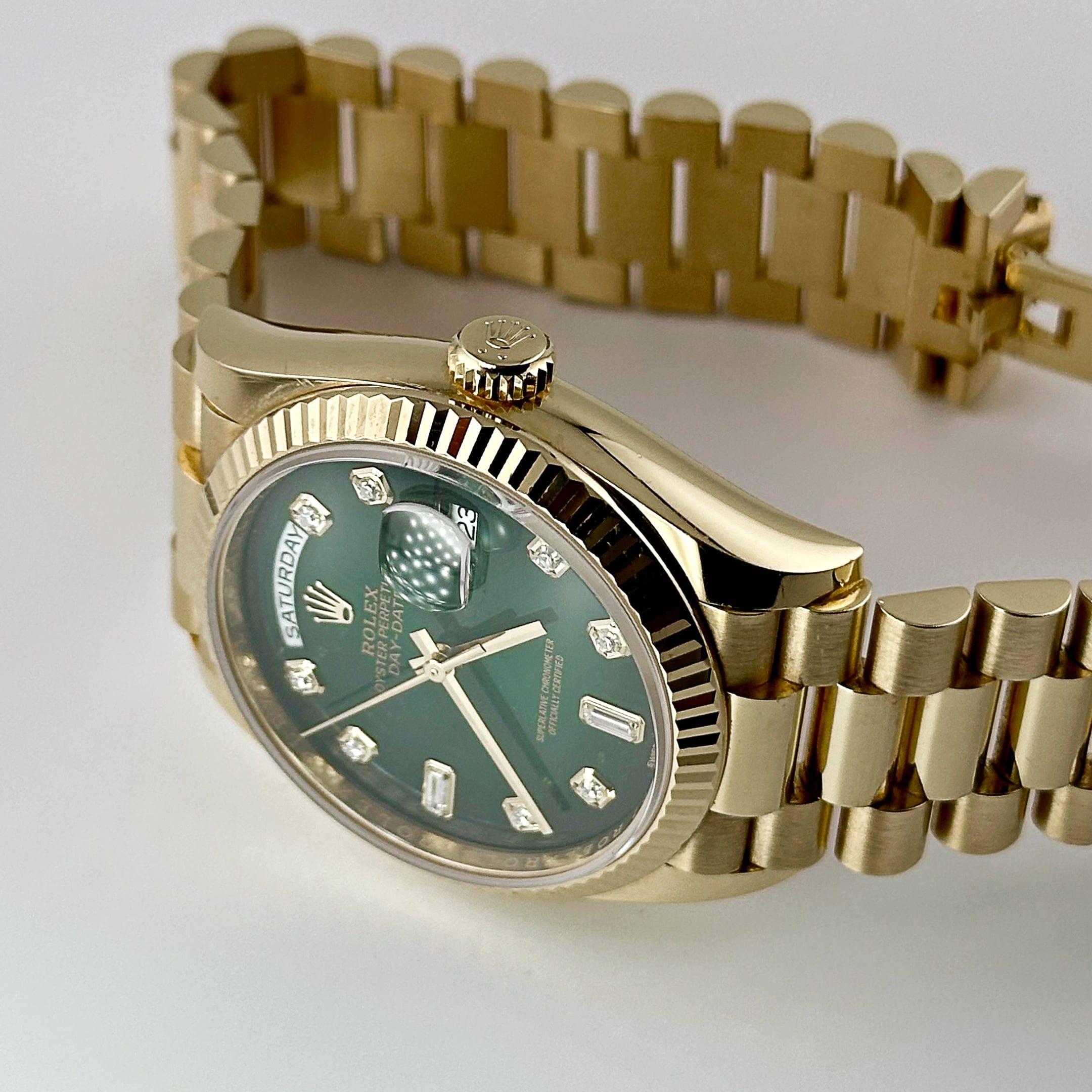 Women's or Men's Rolex Day-Date 128238 Yellow Gold Green Ombré Diamond Dial (2024) For Sale