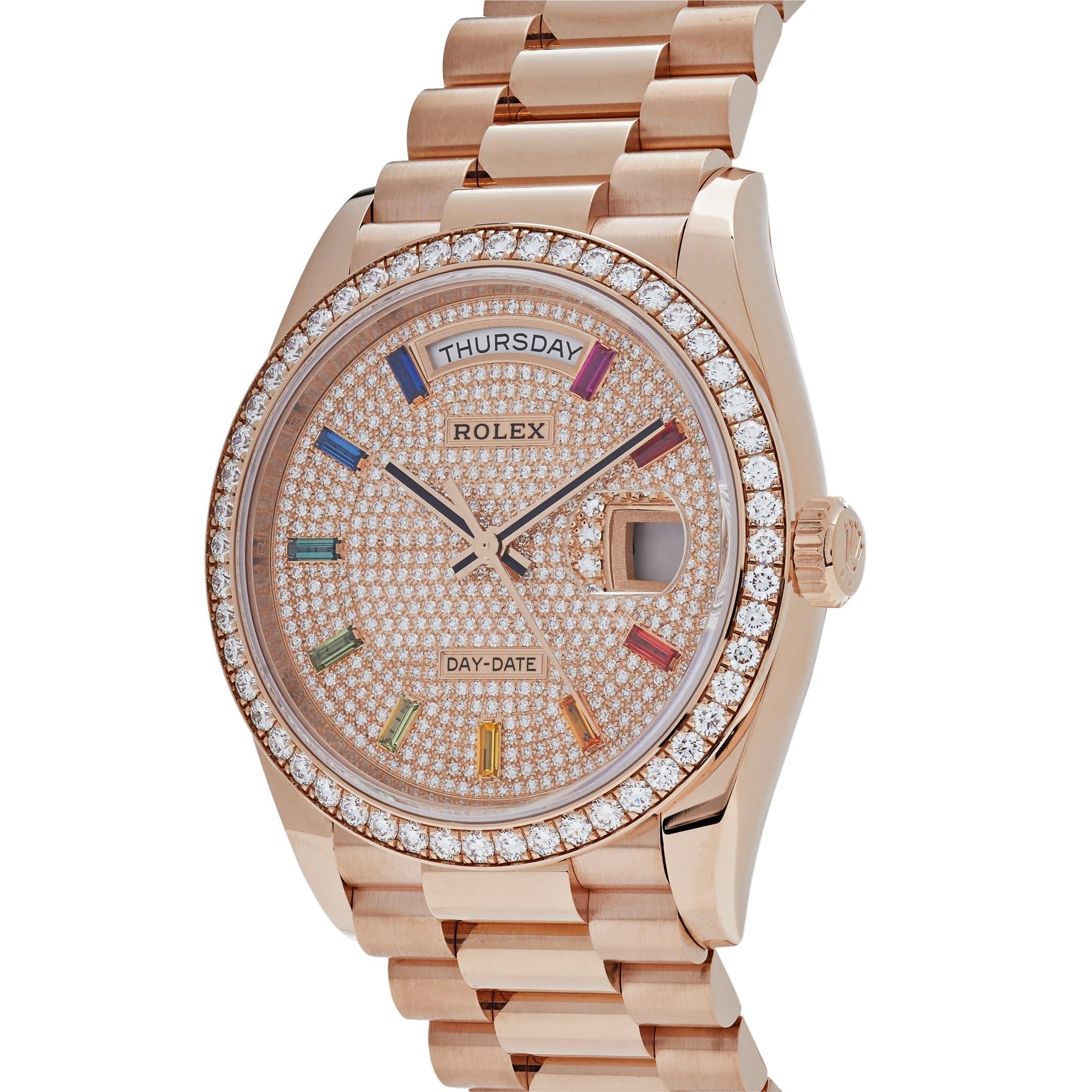 Jewels Aficionado offers the Rolex Day-Date 128345RBR is a stunning expression of luxury and craftsmanship, crafted in 18k rose gold and adorned with factory-set diamonds on the bezel, lugs, and President bracelet. Its 36mm case exudes brilliance,