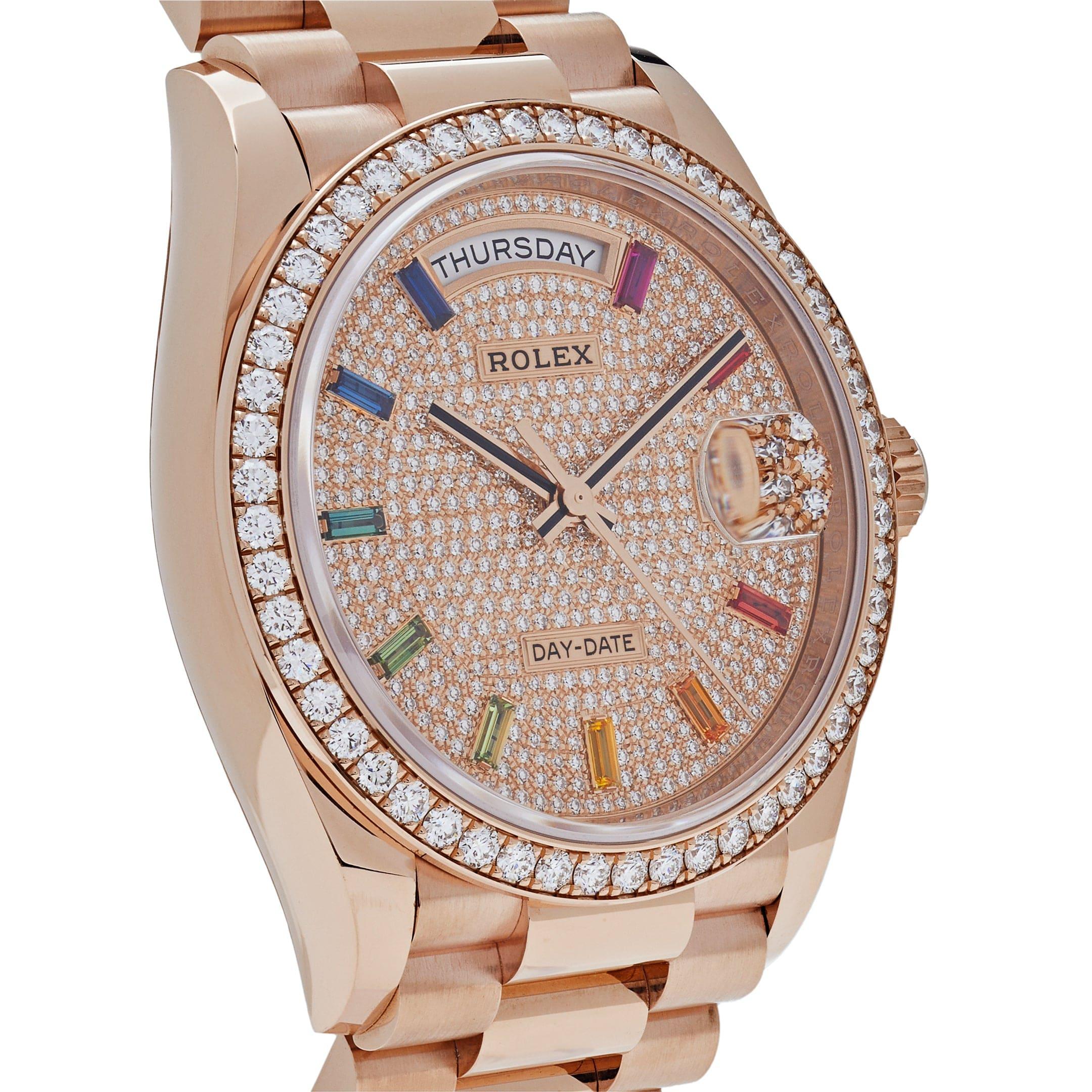 Round Cut Rolex Day-Date 128345RBR Rose Gold Rainbow Diamond Pave Dial (2021) For Sale