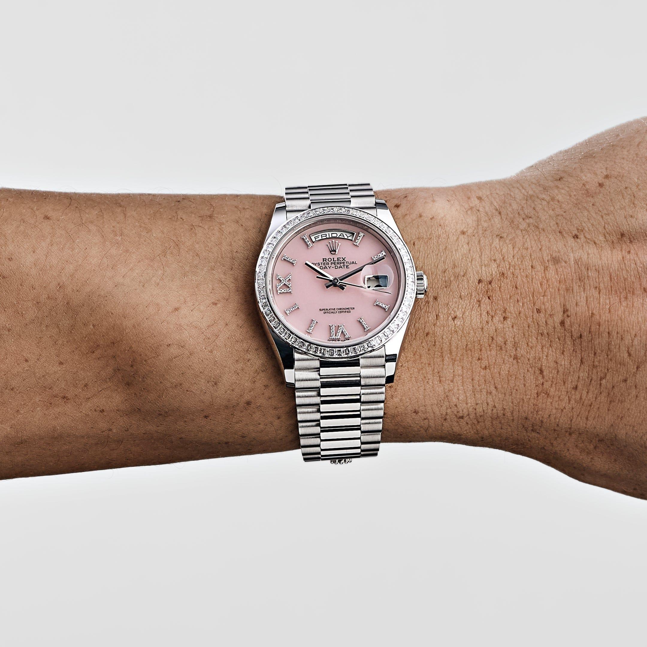 Round Cut Rolex Day-Date 128396TBR Platinum Pink Opal Diamond Dial and Bezel (2023) For Sale