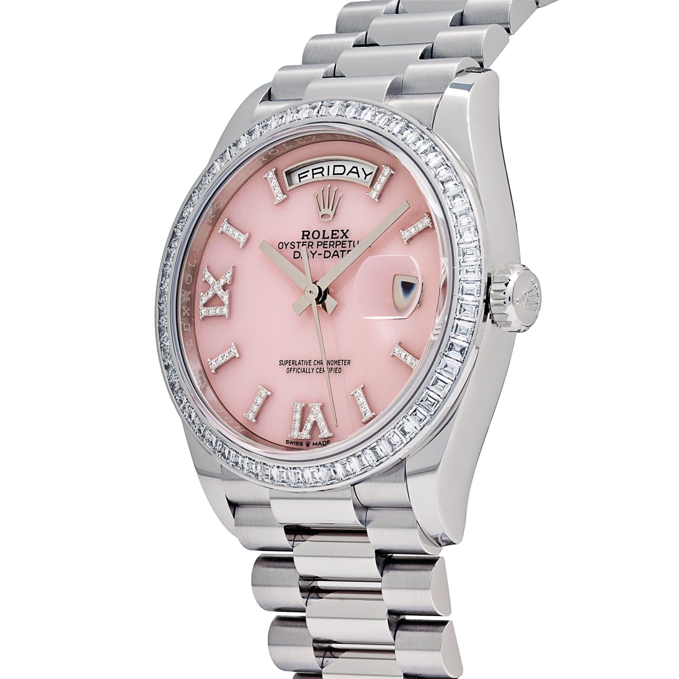 Rolex Day-Date 128396TBR Platinum Pink Opal Diamond Dial and Bezel (2023) In New Condition For Sale In New York, NY