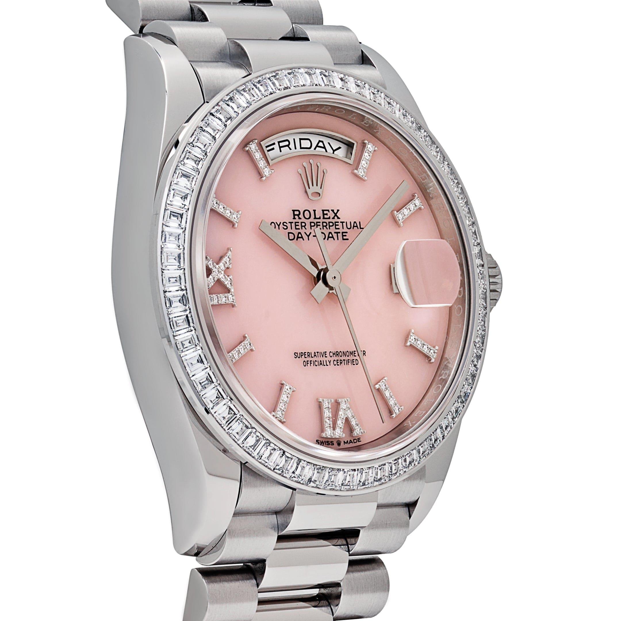 Women's Rolex Day-Date 128396TBR Platinum Pink Opal Diamond Dial and Bezel (2023) For Sale