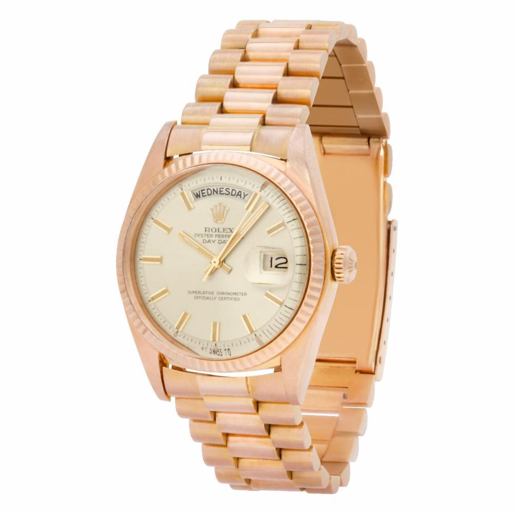 Contemporary Rolex Day-Date 1803 18 Karat Rose Gold Dial Auto Watch, circa 1972 For Sale