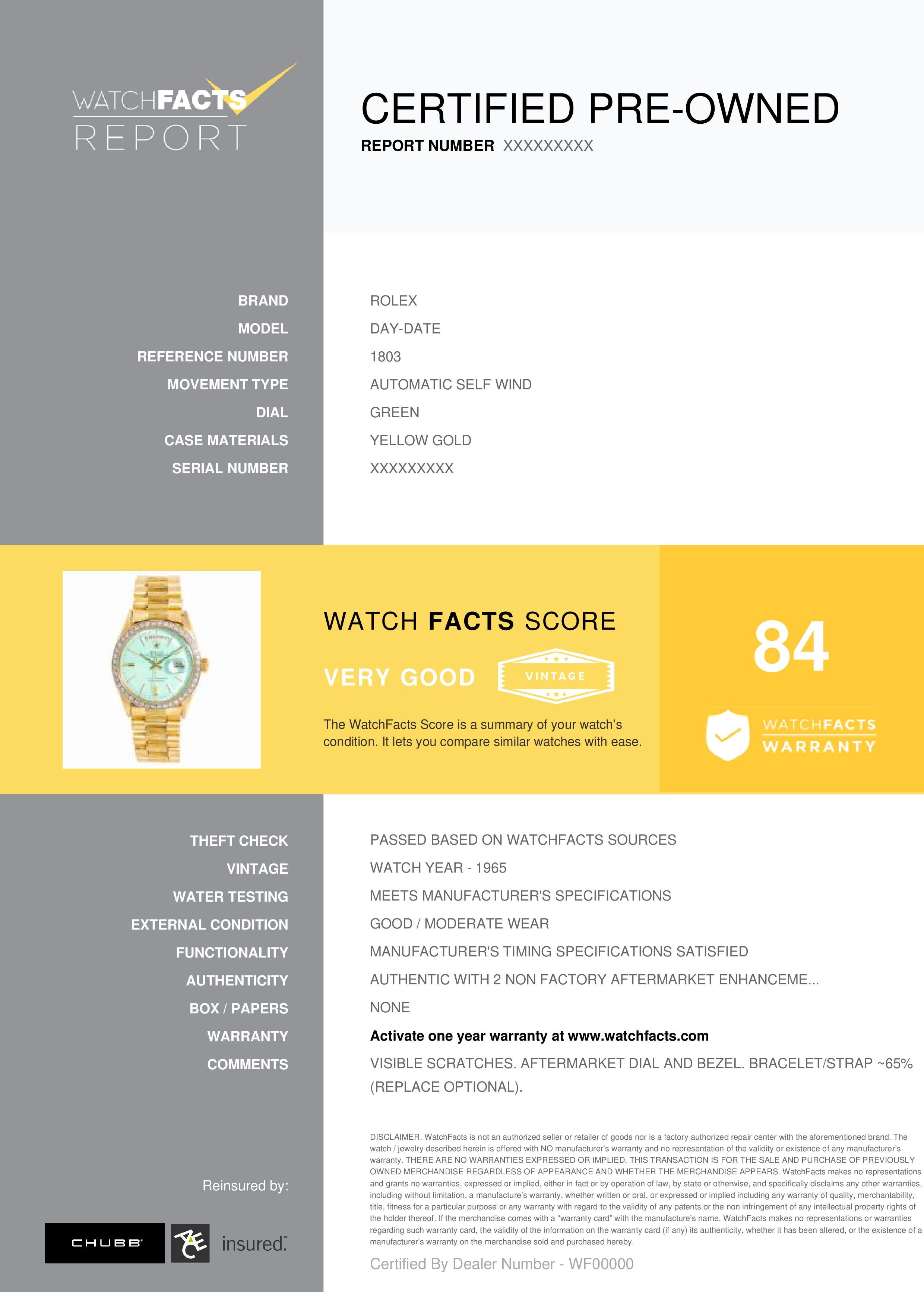 Rolex Day-Date Reference #: 1803. Mens Automatic Self Wind Watch Yellow Gold Green 36 MM. Verified and Certified by WatchFacts. 1 year warranty offered by WatchFacts.
