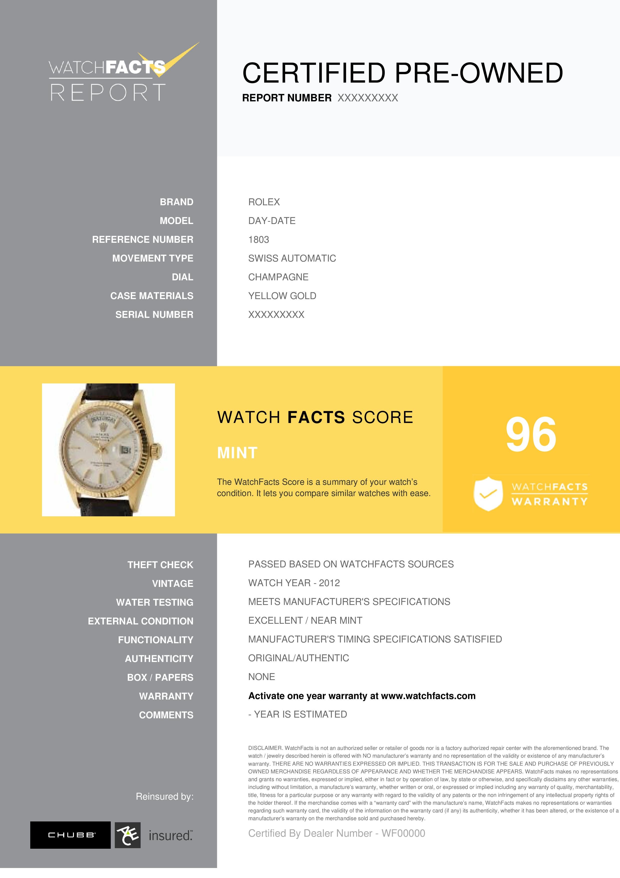 Rolex Day-Date Reference #:1803. ROLEX DAY-DATE PRESIDENT 1803Champagne dial WatchFacts 1 year warranty. Verified and Certified by WatchFacts. 1 year warranty offered by WatchFacts.
