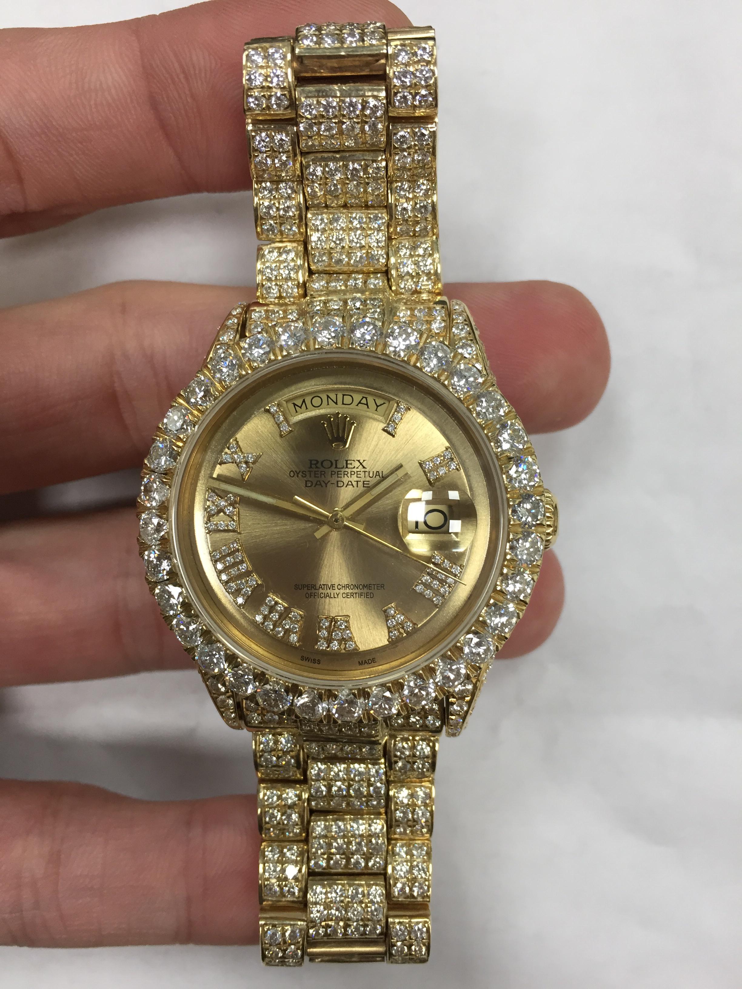 Round Cut Rolex Day Date 1803 Gold Champagne Dial Custom Diamond 16 Carat Men's Watch