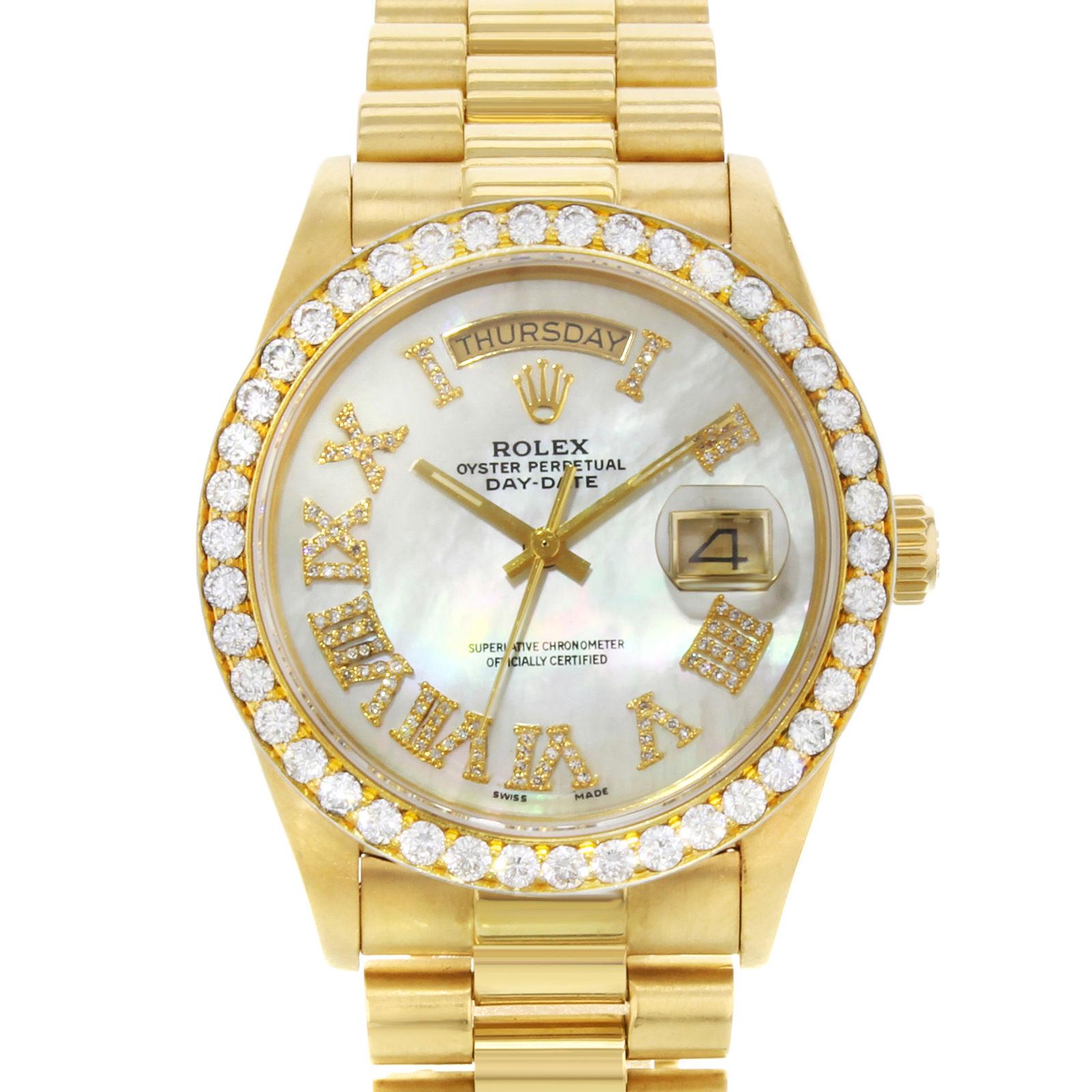 This pre-owned Rolex Day Date 18038 is a beautiful men's timepiece that is powered by an automatic movement which is cased in a yellow gold case. It has a round shape face, day & date, diamonds dial and has hand arabic numerals style markers. It is