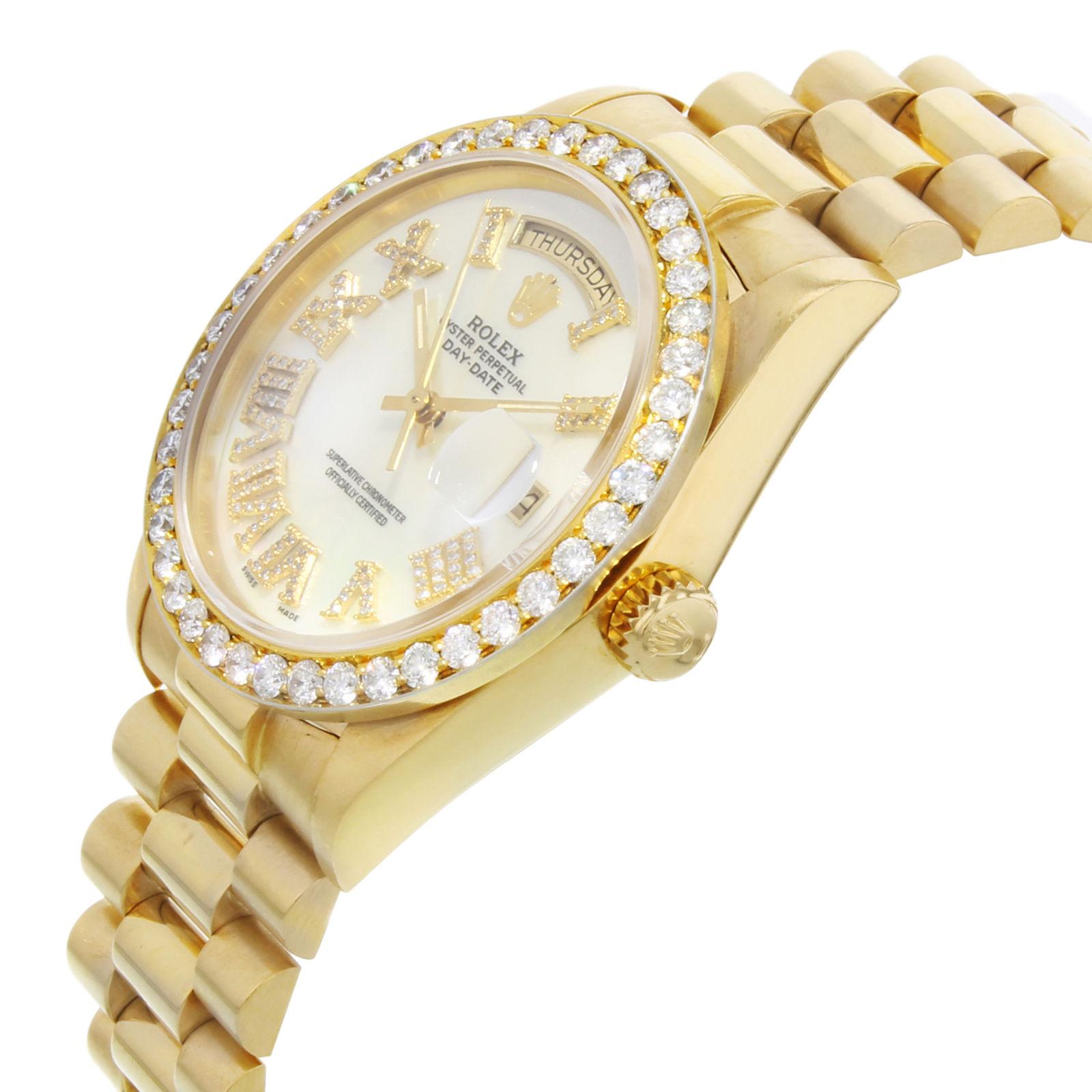 Rolex Day-Date 18038 18 Karat Gold 1982 Custom MOP Diamond Dial Men's Watch In Good Condition In New York, NY