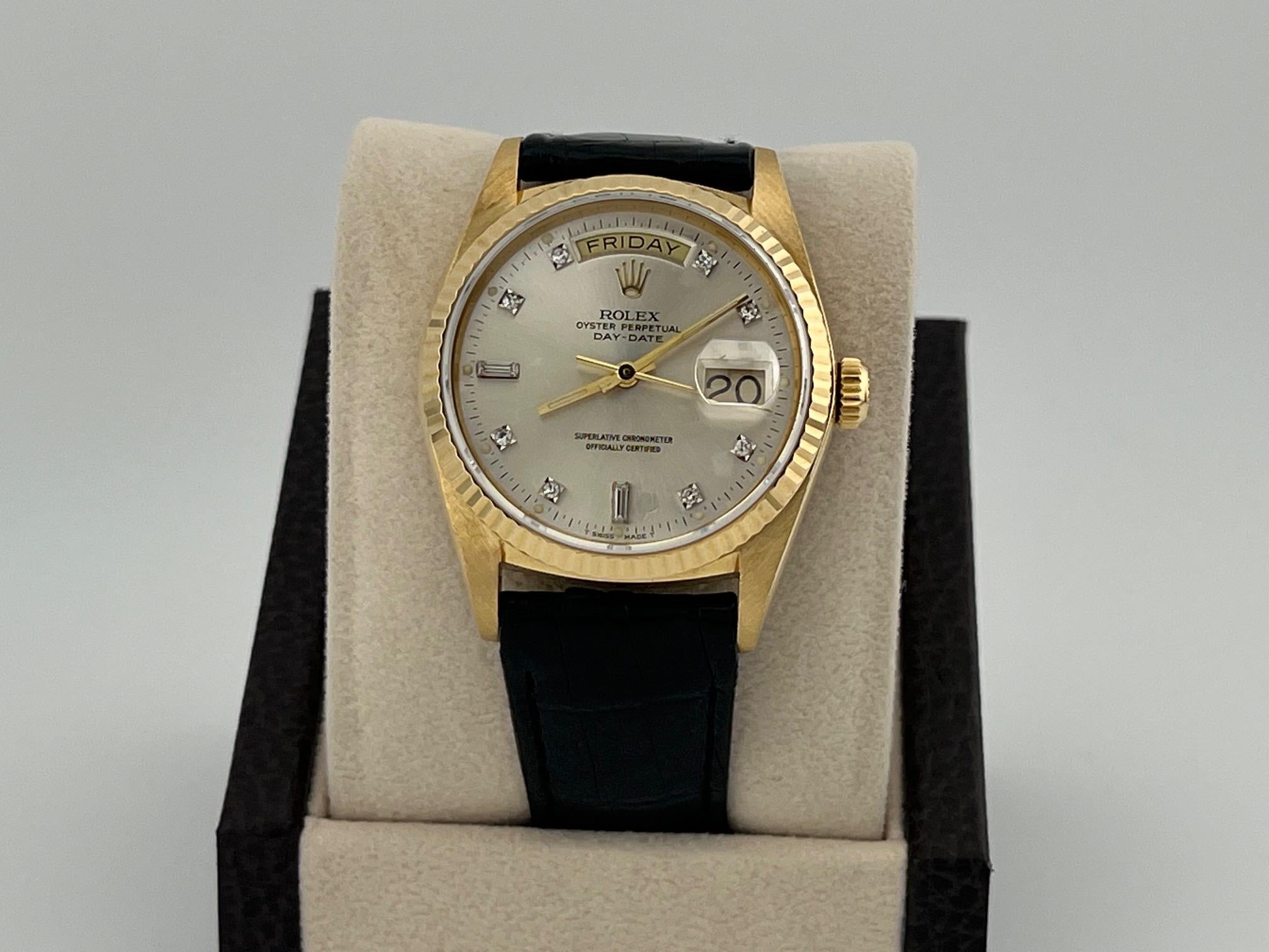 Rolex Day Date 18038 36mm Fabrik Diamant-Zifferblatt und Lederband 18k Gelbgold im Angebot 5