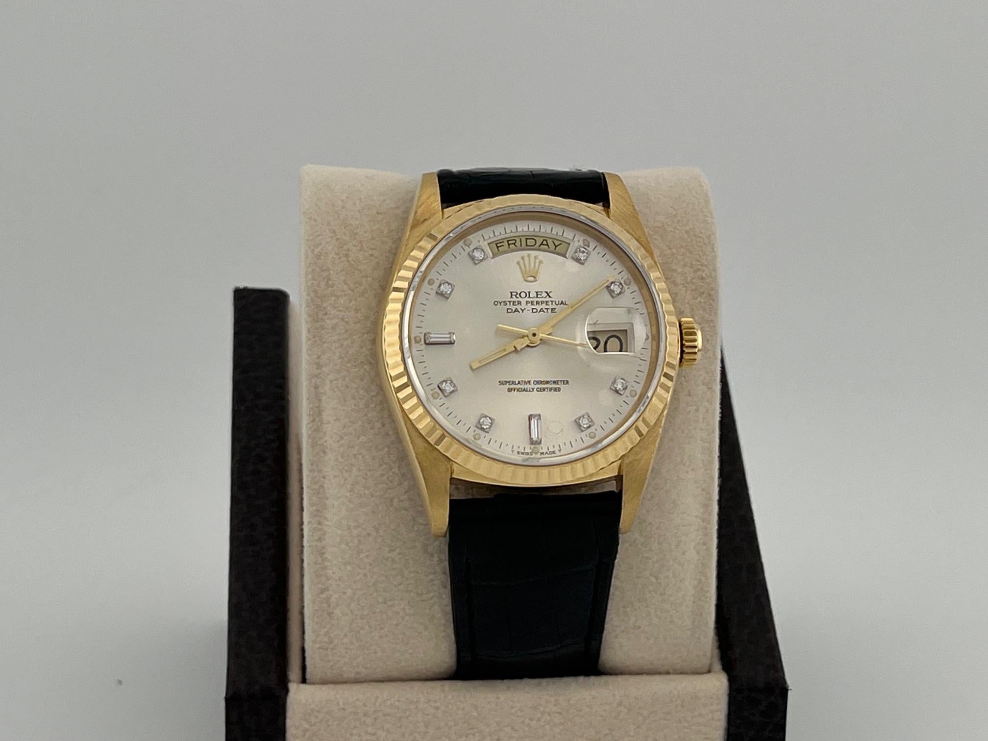 Rolex Day Date 18038 36mm Fabrik Diamant-Zifferblatt und Lederband 18k Gelbgold im Angebot 6