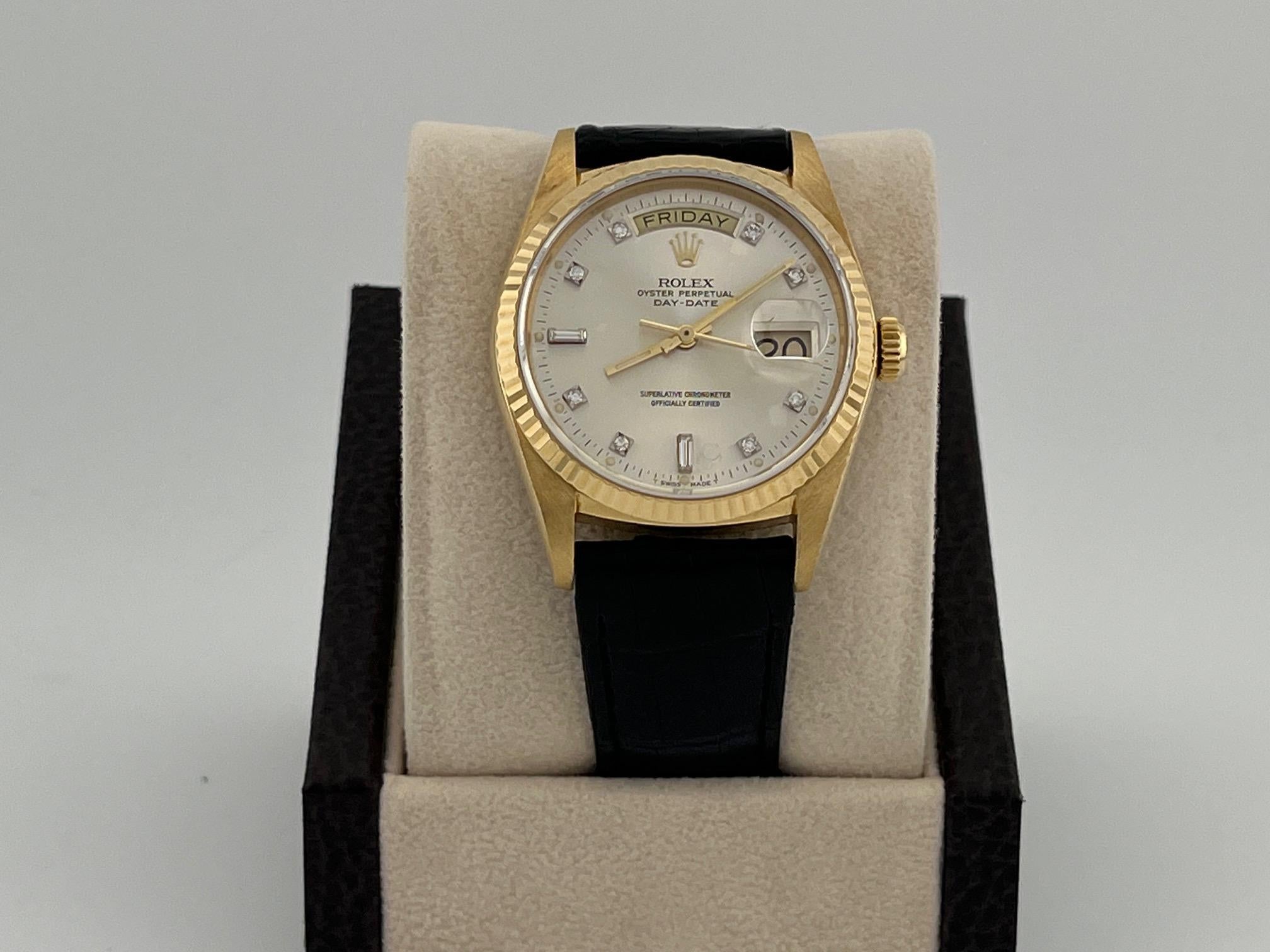 Rolex Day Date 18038 36mm Fabrik Diamant-Zifferblatt und Lederband 18k Gelbgold im Angebot 7