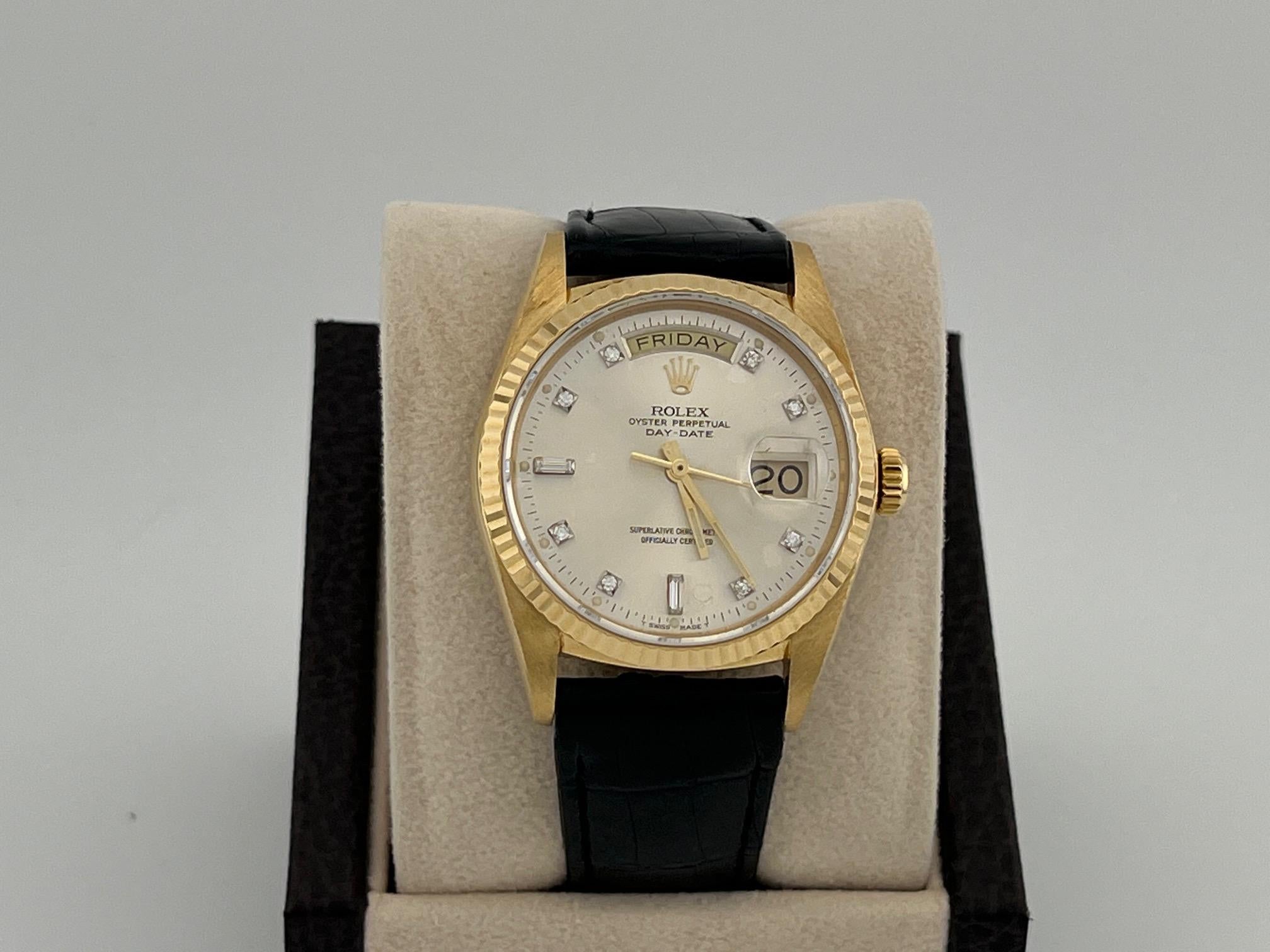 Rolex Day Date 18038 36mm Fabrik Diamant-Zifferblatt und Lederband 18k Gelbgold im Angebot 8