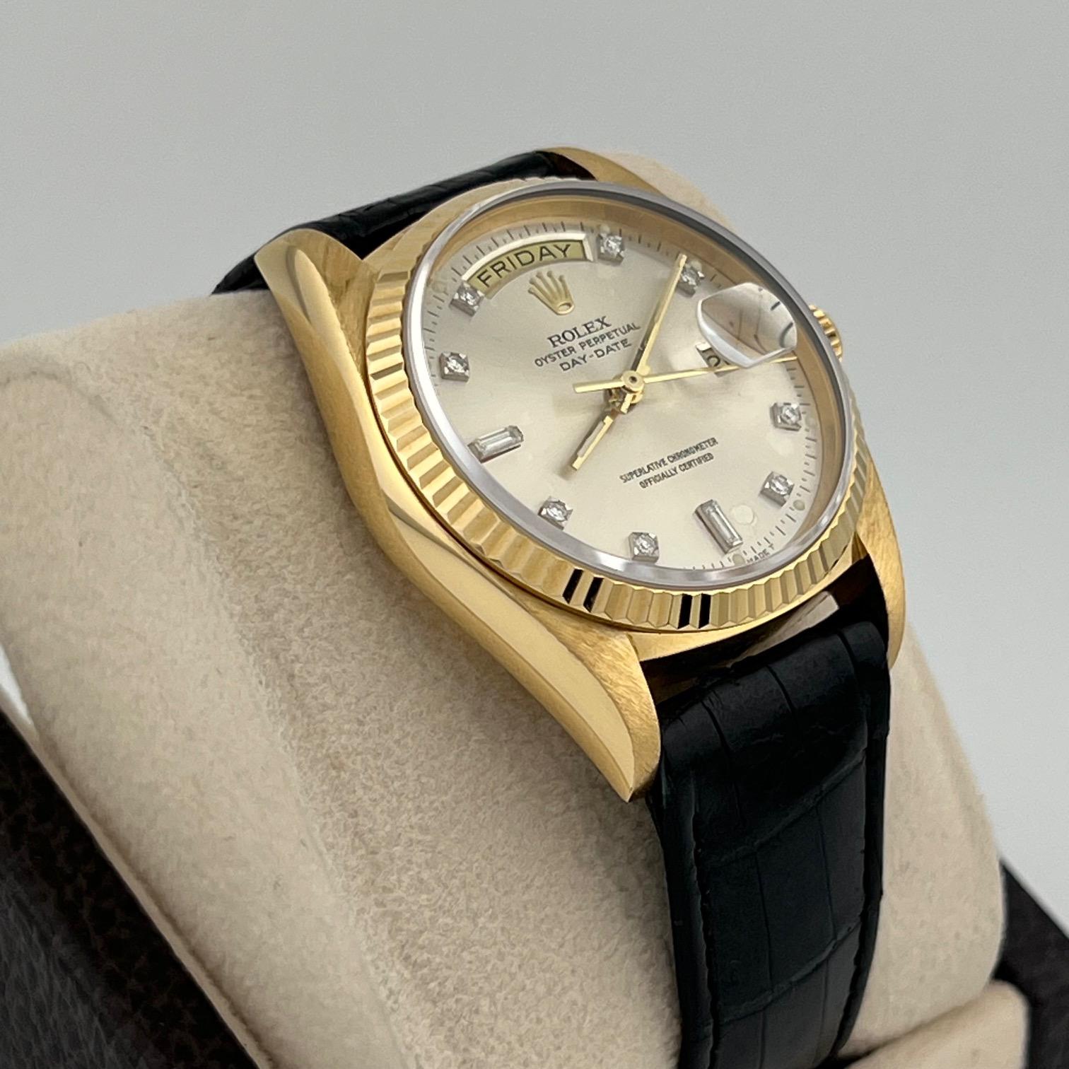 Rolex Day Date 18038 36mm Fabrik Diamant-Zifferblatt und Lederband 18k Gelbgold im Angebot 9