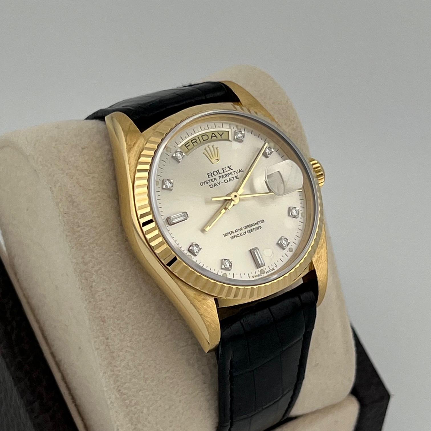 Rolex Day Date 18038 36mm Fabrik Diamant-Zifferblatt und Lederband 18k Gelbgold im Angebot 3