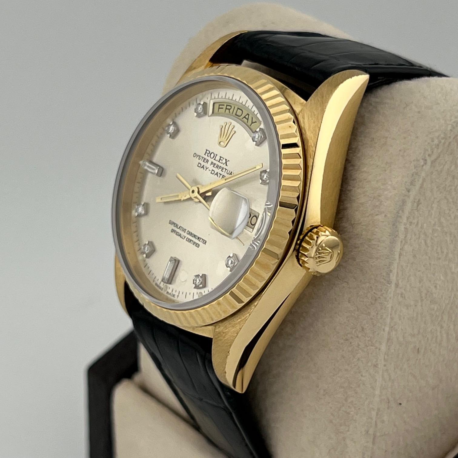 Rolex Day Date 18038 36mm Fabrik Diamant-Zifferblatt und Lederband 18k Gelbgold im Angebot 4